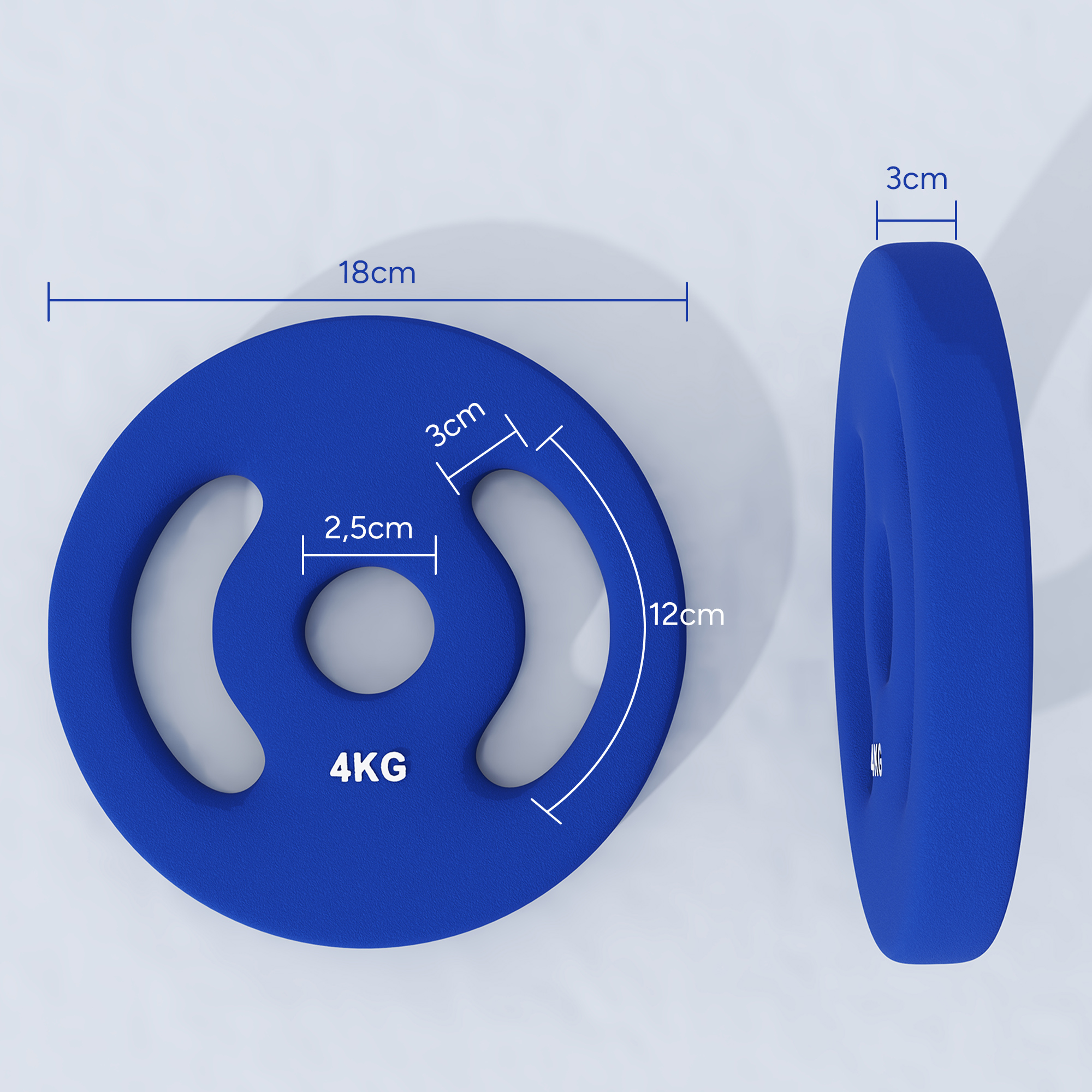 Blaue Hantelscheibe. Abmessungen sind beschriftet: 18 cm, 12 cm, 3 cm und 2,5 cm. 4 KG ist aufgedruckt.