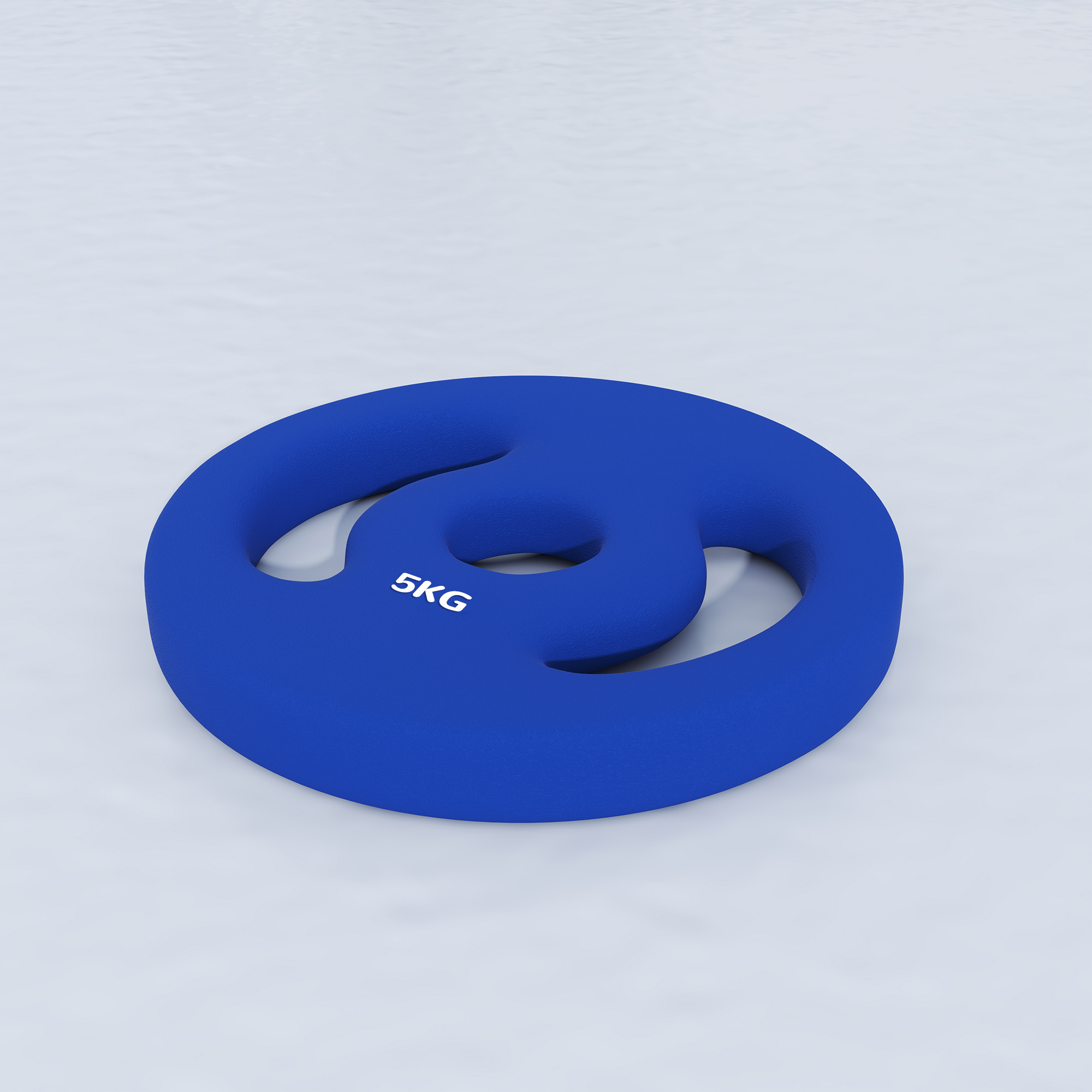 Blaue Gewichtsscheibe mit einer Schlaufe. Weißer Hintergrund mit Lichtreflexionen.