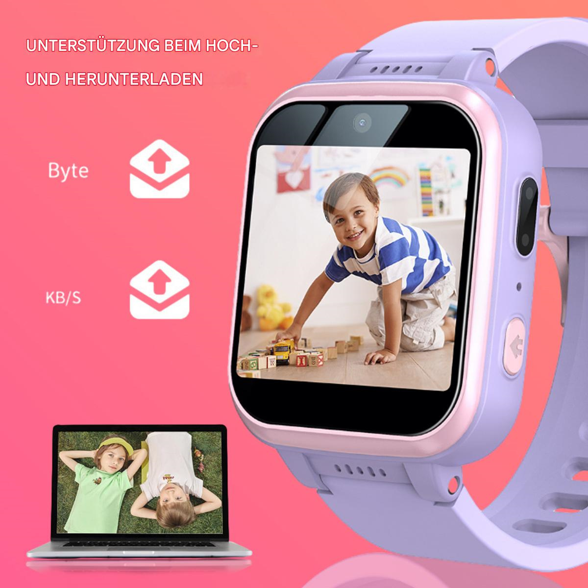 Lila und pinke Smartwatch mit Kinderbild auf dem Bildschirm und spielenden Kindern.