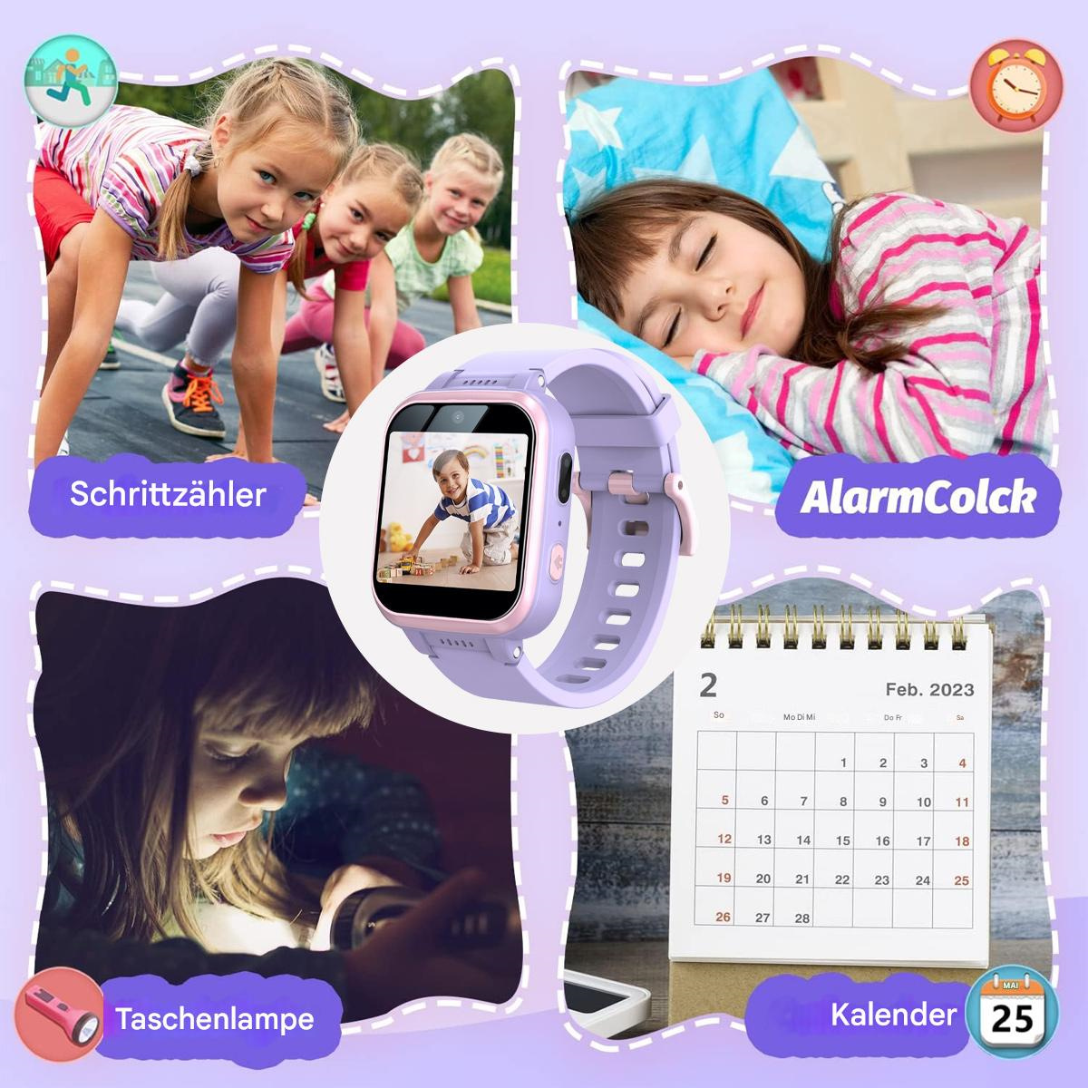 Eine Smartwatch und ein Kalender werden mit Bildern von Kindern gezeigt.
