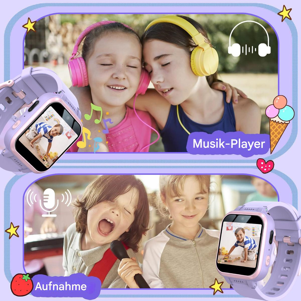 Zwei Smartwatches, die Kinder zeigen. Musik-Player-Symbol und Mikrofon-Symbol.