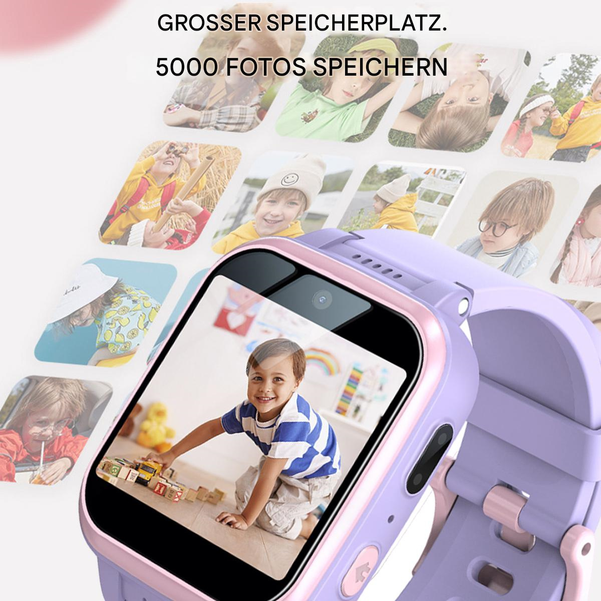 Smartwatch mit Foto eines Kindes auf dem Bildschirm. Die Uhr ist lila, Fotos im Hintergrund. Fröhliches Kind spielt.