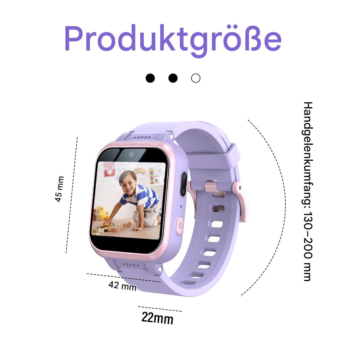 Eine Smartwatch mit einem Kinderfoto auf dem Bildschirm, umgeben von Abmessungen und Maßen.
