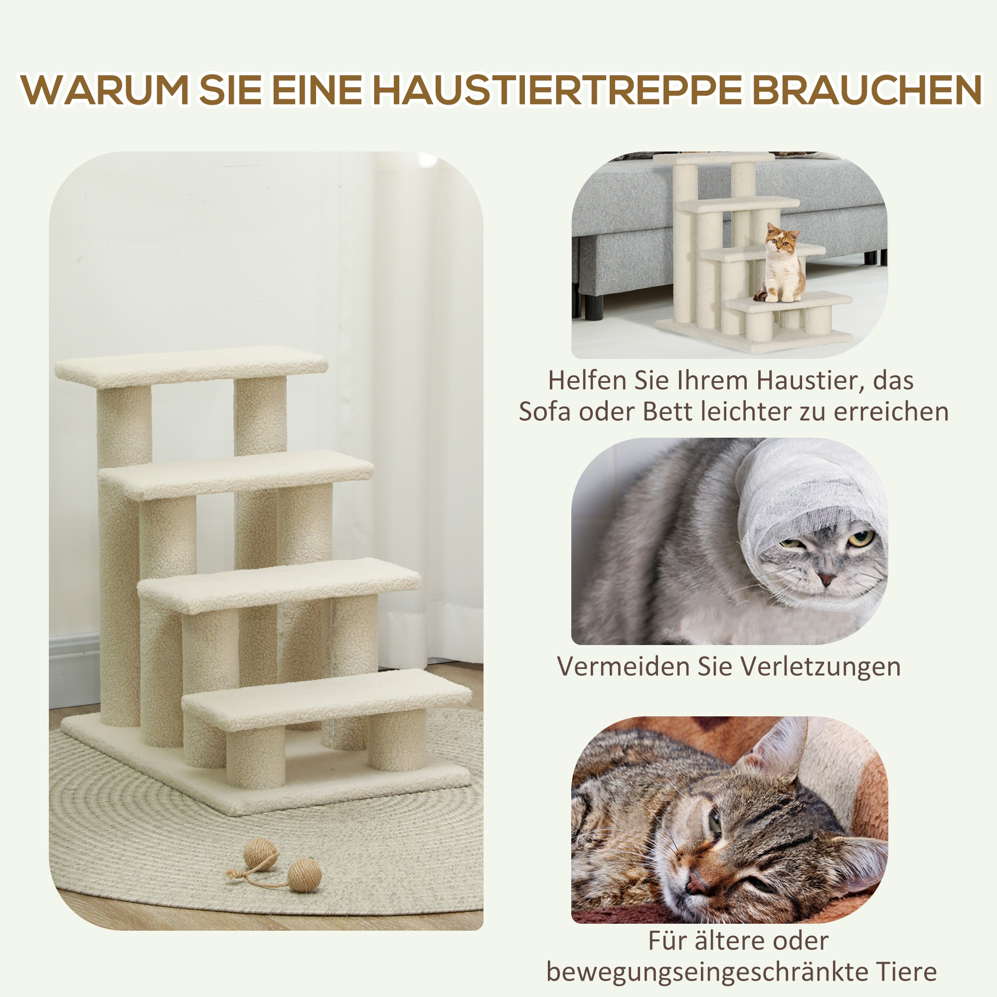 Katzenbaum, Katze und Katze mit Verband sind in einer Werbung zu sehen.
