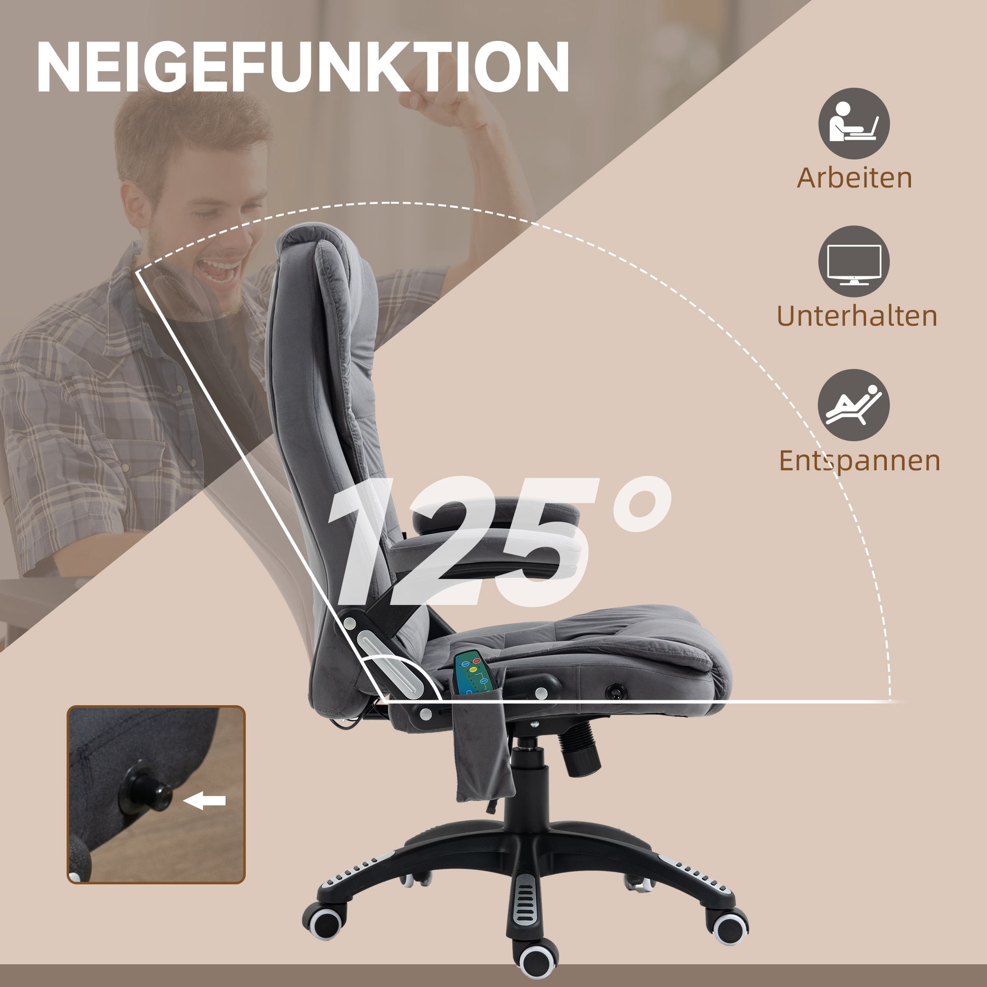 Bürostuhl in entspannter Position. Im Hintergrund ist ein Mann zu sehen.