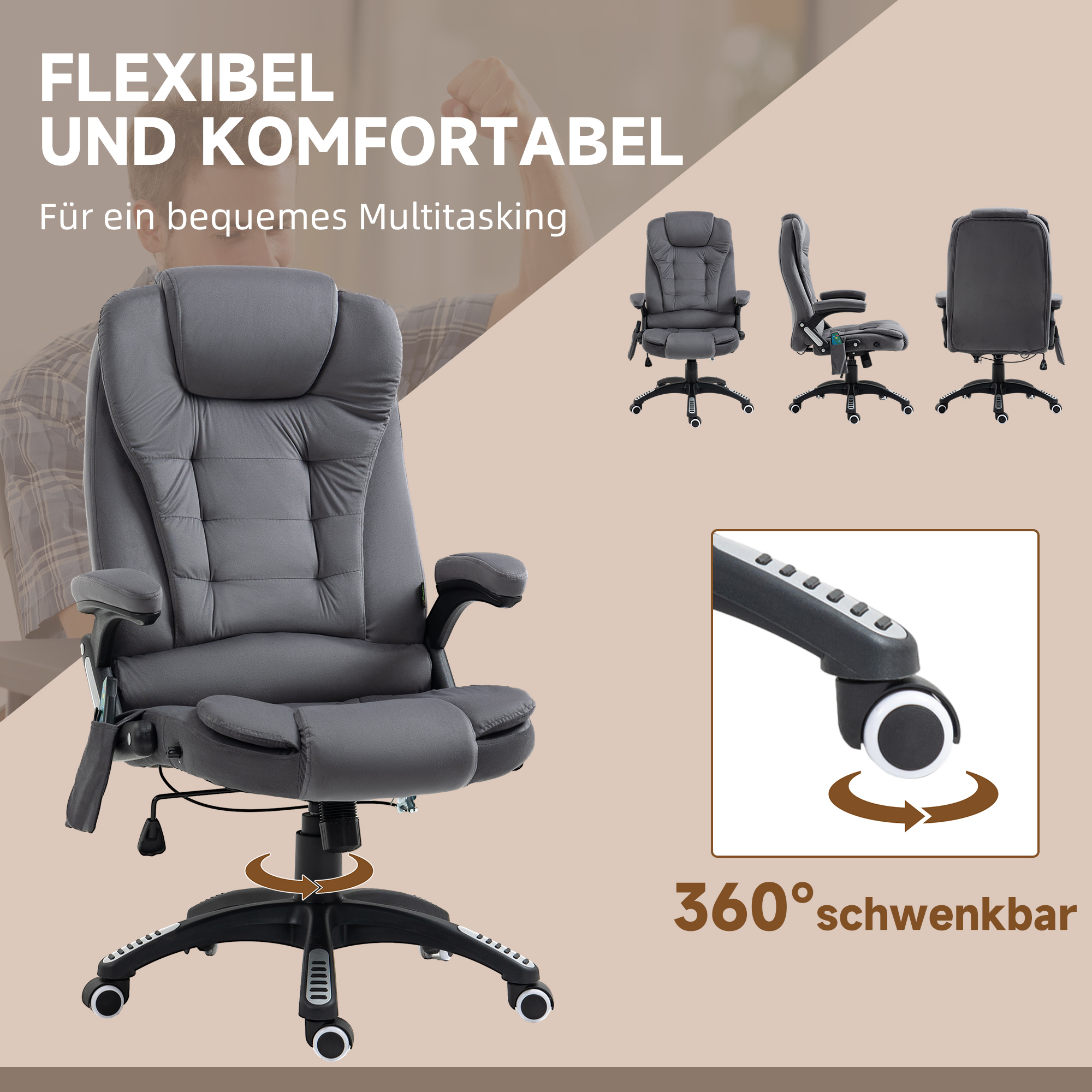 Grauer Bürostuhl mit 360° Drehung und Fußstütze. Text: 'Flexibel und komfortabel'.