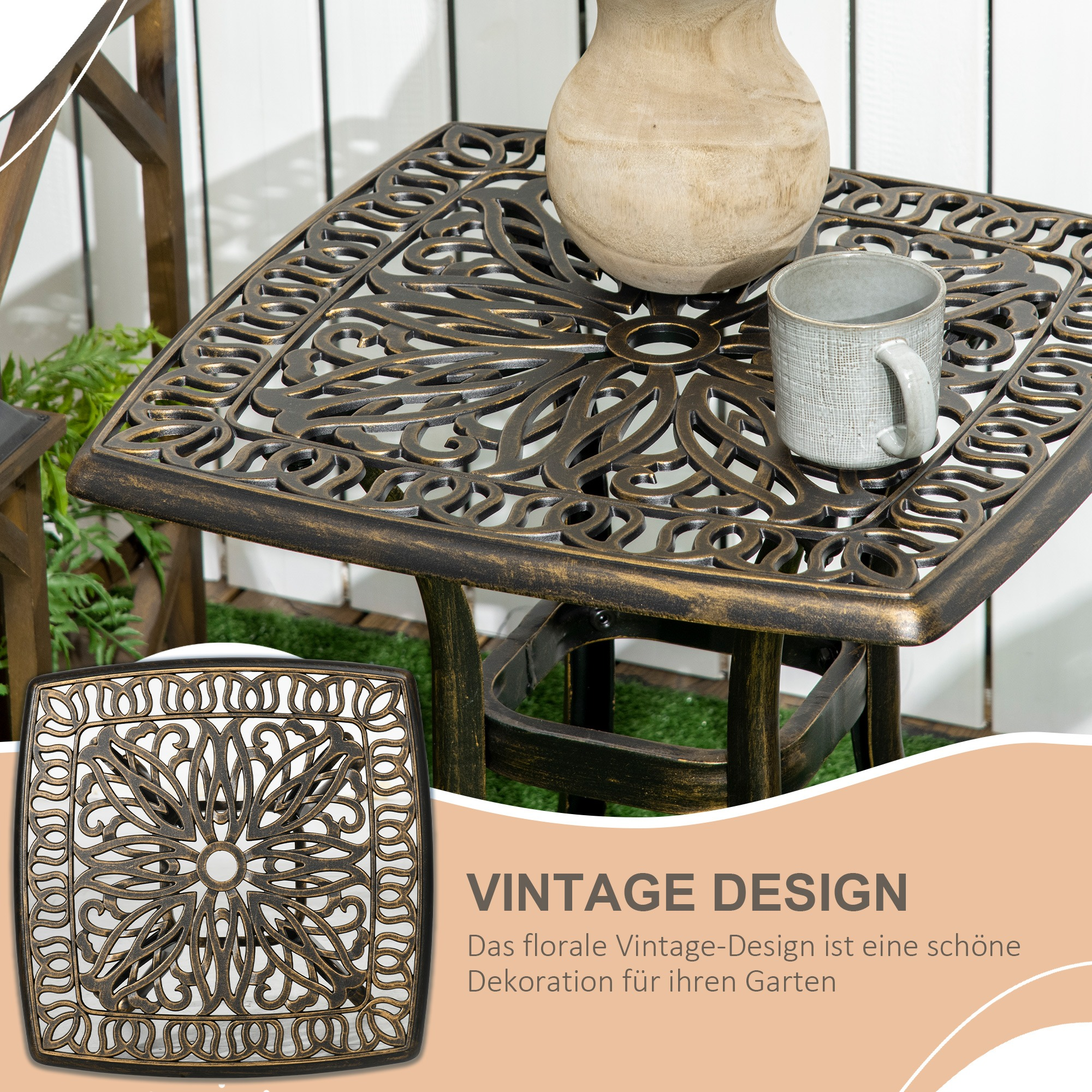 Quadratischer Tisch mit Muster, mit Vase und Tasse, mit kleinerer Tischdarstellung in der Ecke.