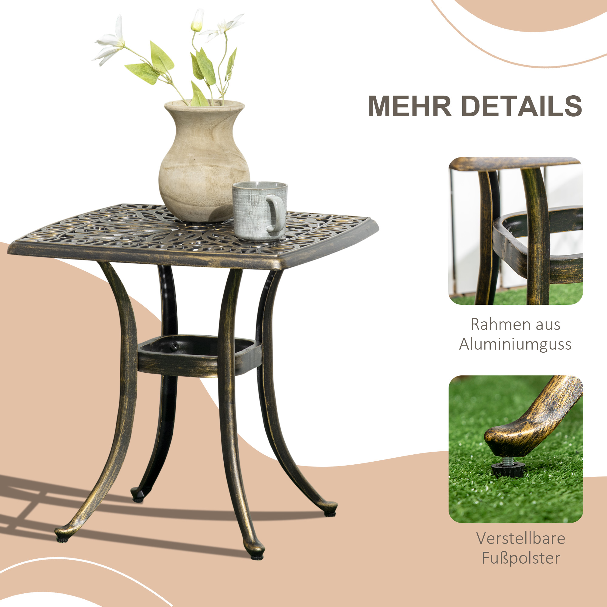 Kleiner Gartentisch mit dekorativer Oberfläche und goldfarbenen Beinen.