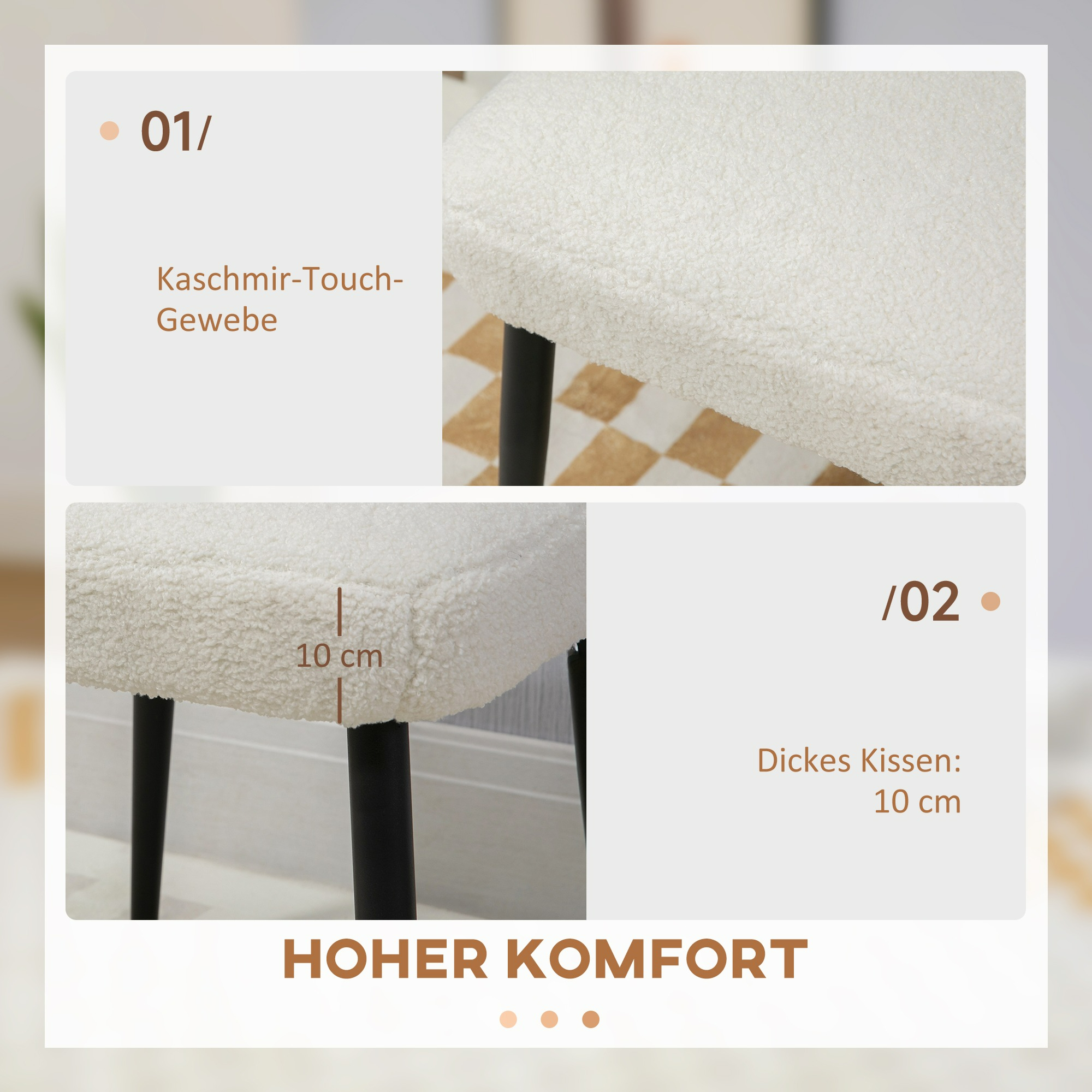 Weißer, flauschiger Hocker. Nahaufnahmen zeigen Stoff und Kissendicke.