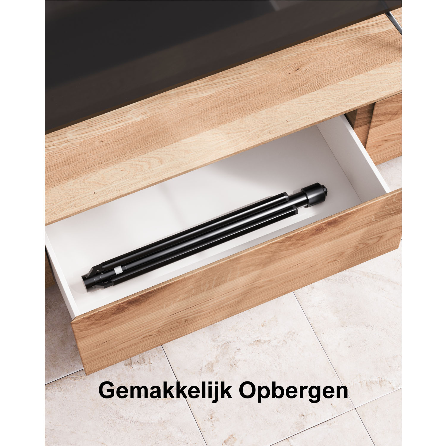 Open drawer with a black stand inside. Wooden drawer and white interior.