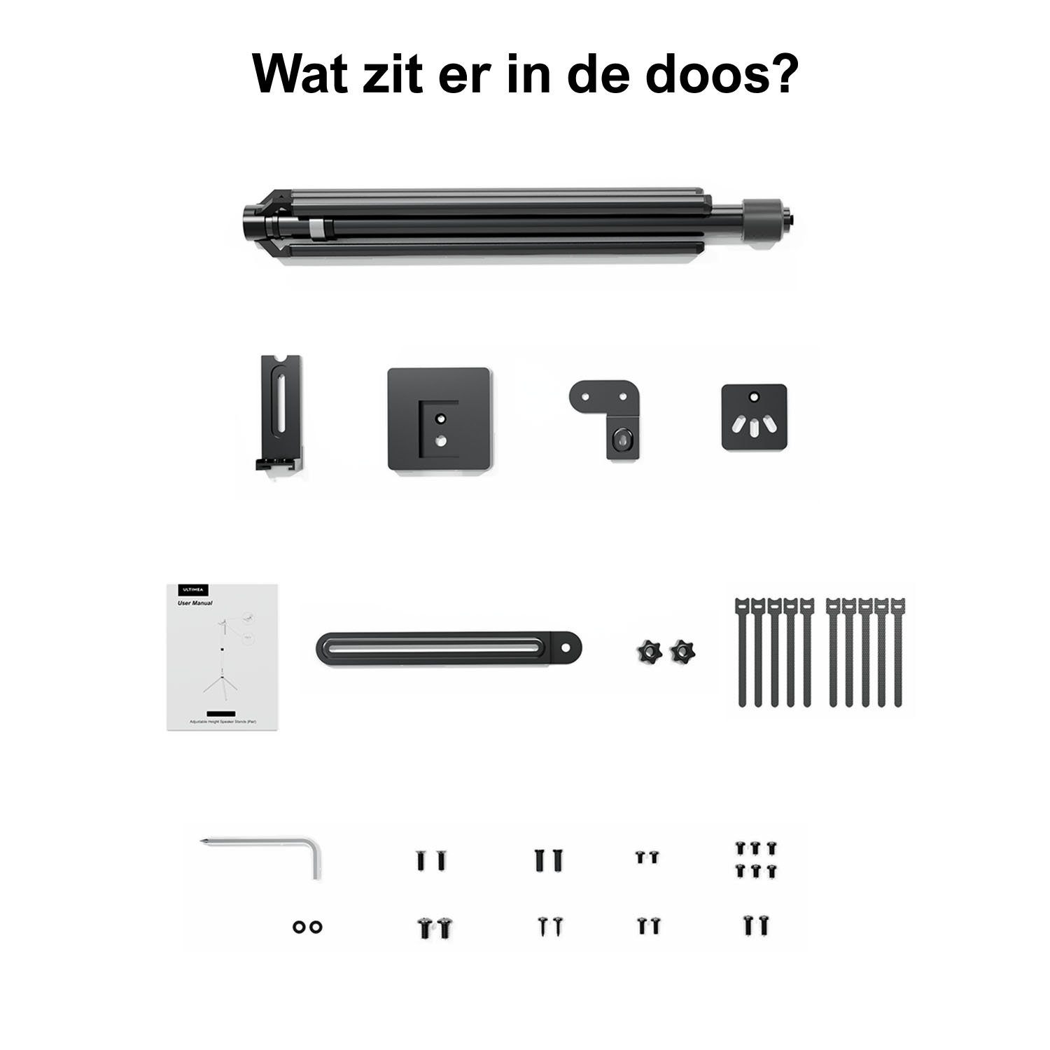 Various projector accessories: stand, bracket, screws, and cable ties.
