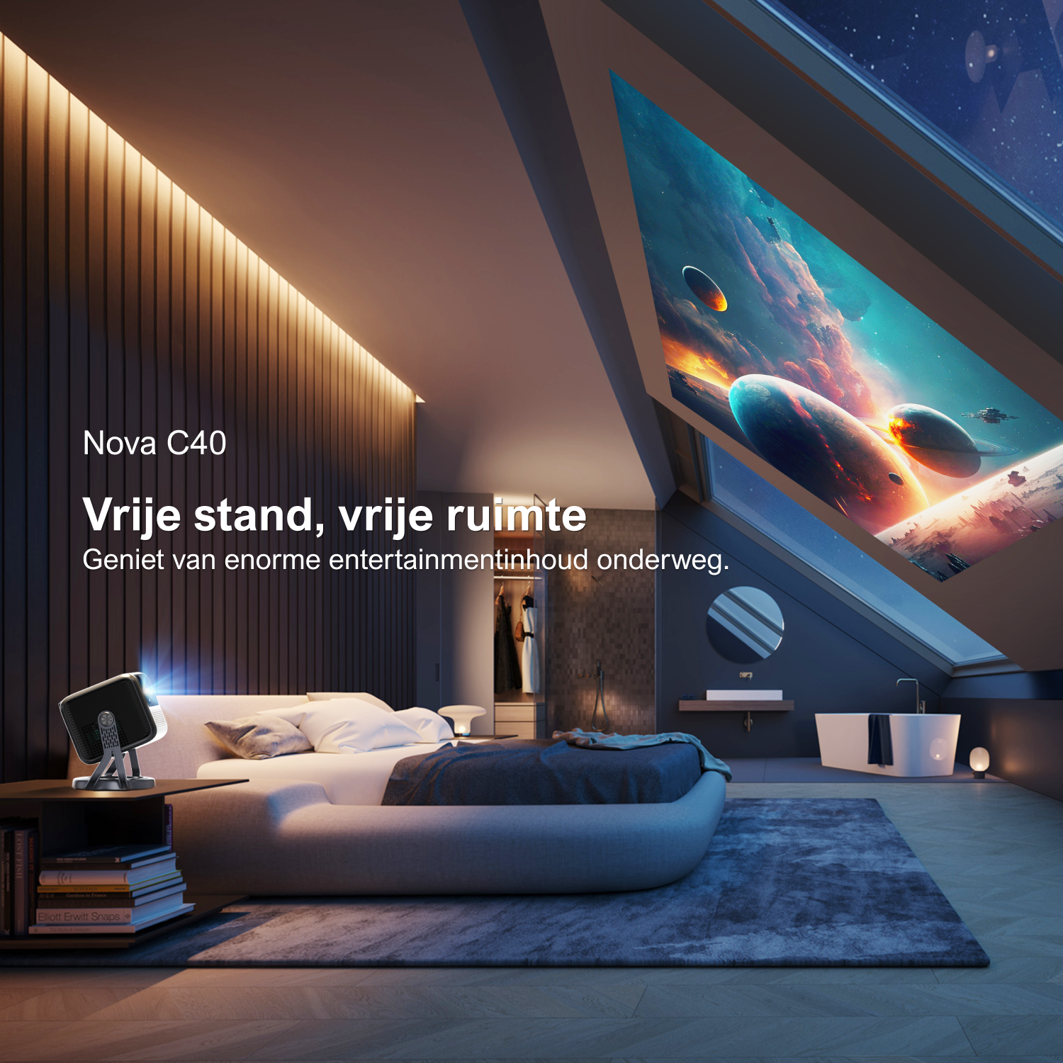 Une chambre avec un projecteur projetant une scène spatiale sur un mur. Un lit au premier plan.