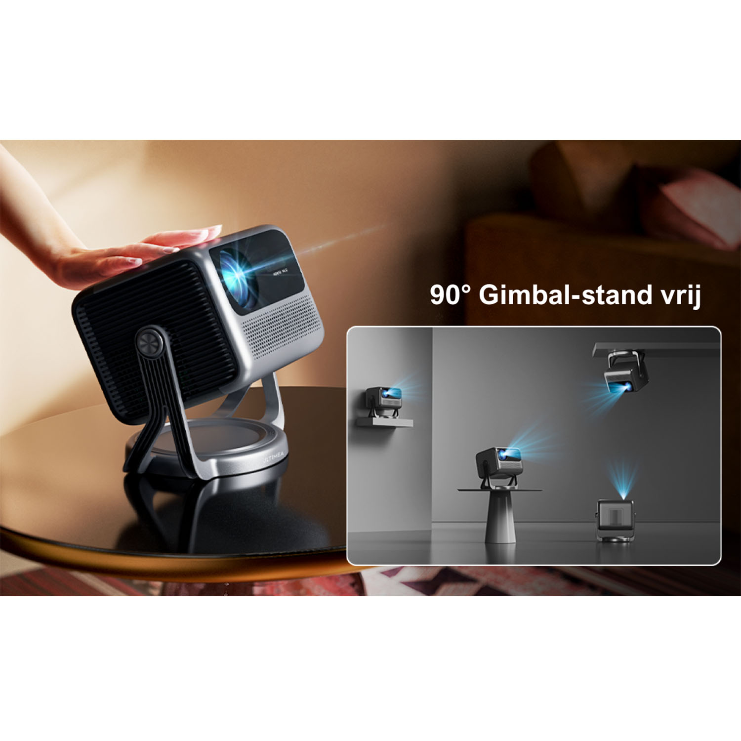 Dłoń dotykająca projektora. Wiele konfiguracji projektora w wyświetlaniu.