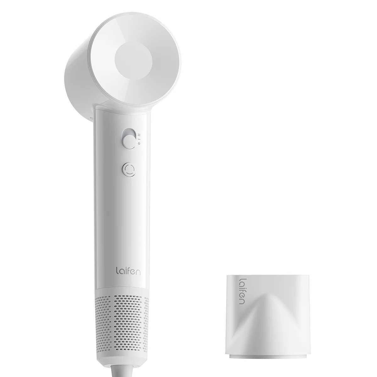 Asciugacapelli bianco con ugello separato, su sfondo bianco.