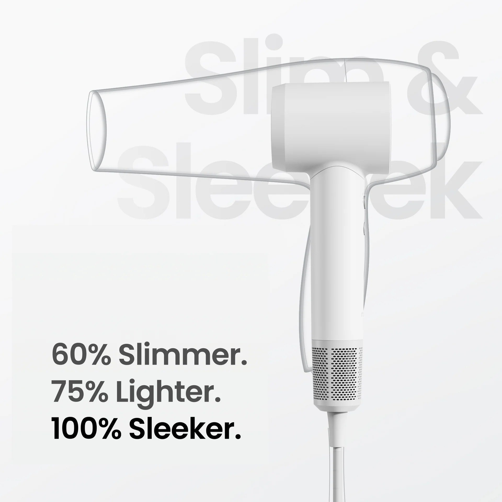 Un asciugacapelli bianco con testo: 60% più sottile, 75% più leggero, 100% più elegante. Contorno dell'asciugacapelli.