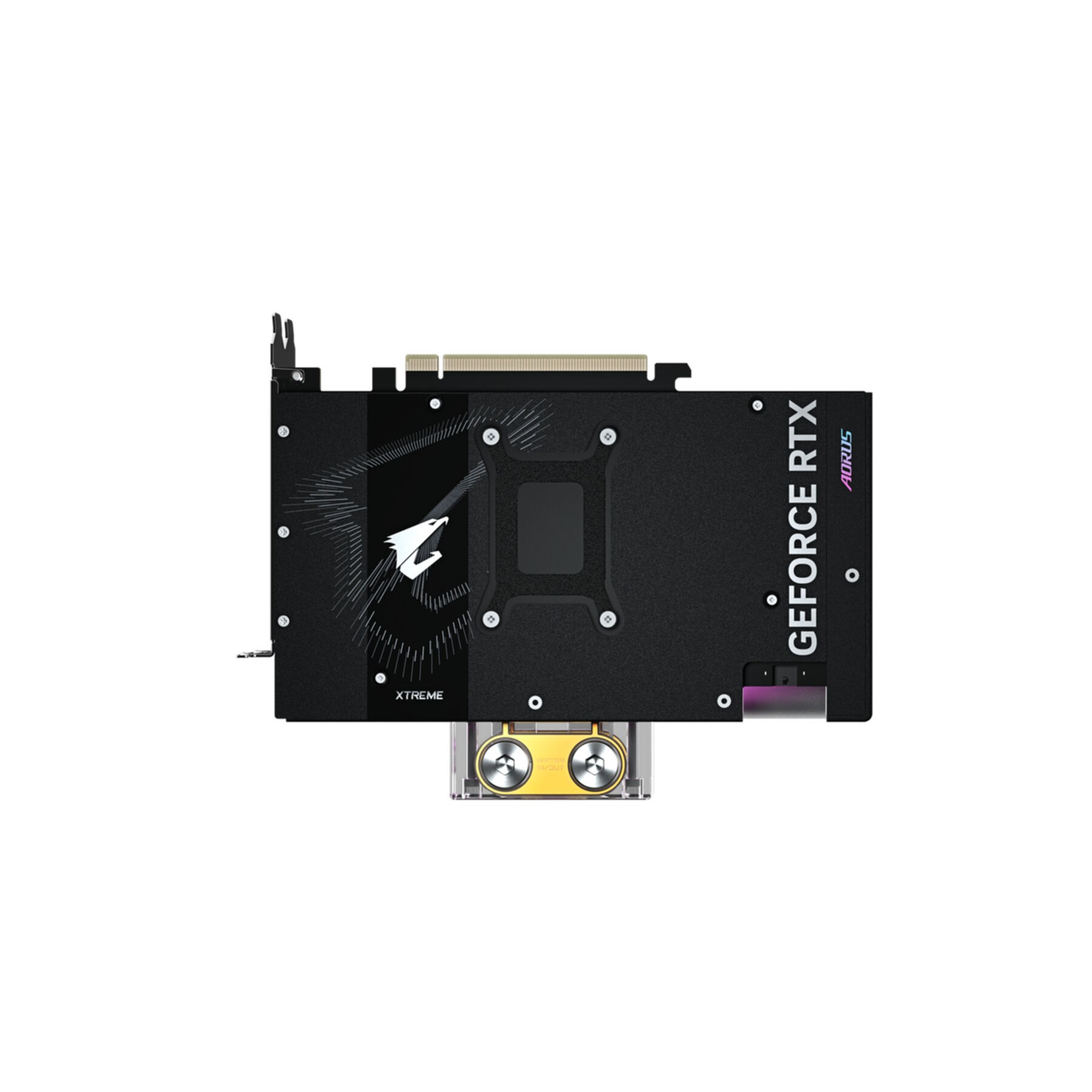 Eine schwarze AORUS GeForce RTX Grafikkarte auf weißem Hintergrund.