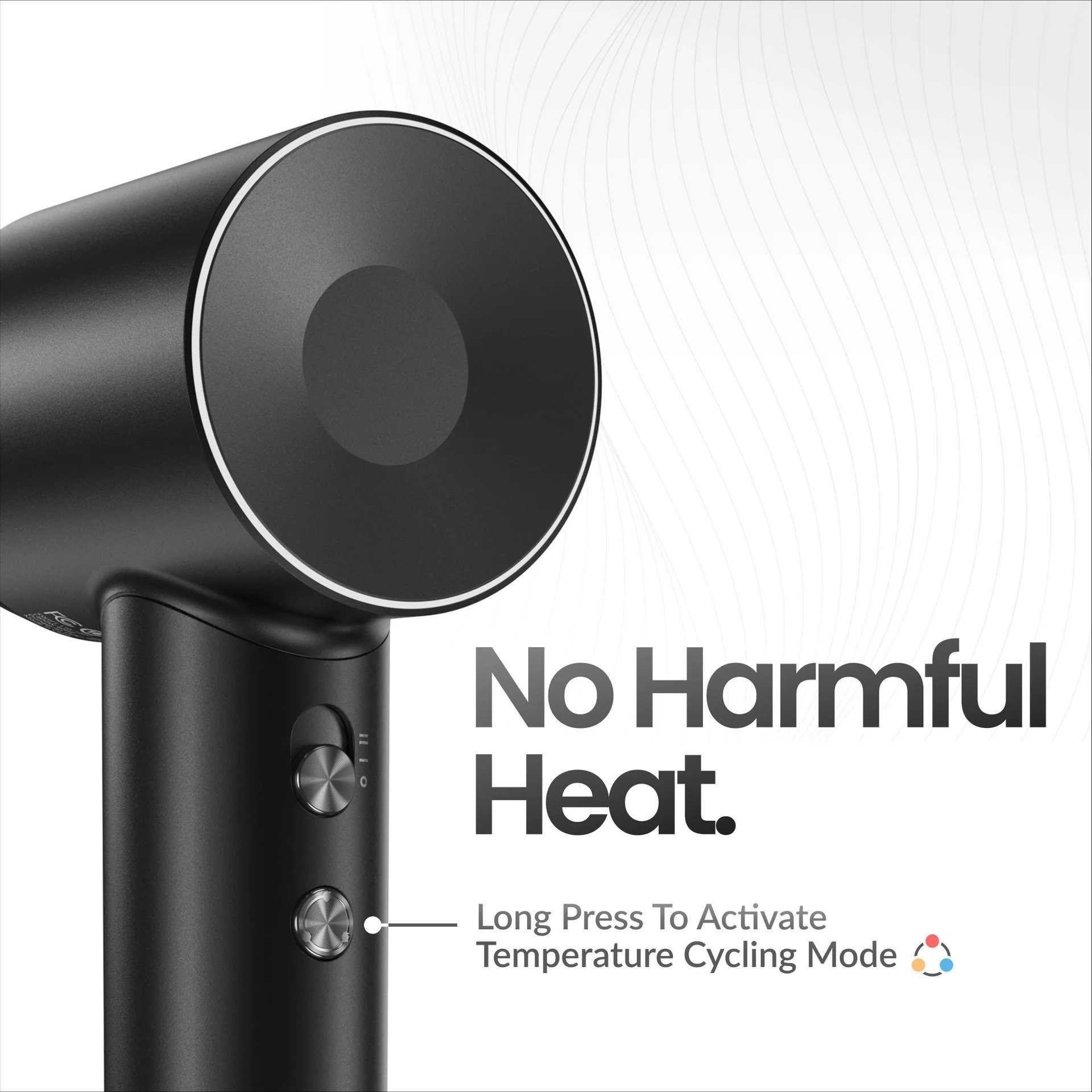 Asciugacapelli nero con "No Harmful Heat", pulsante di attivazione.