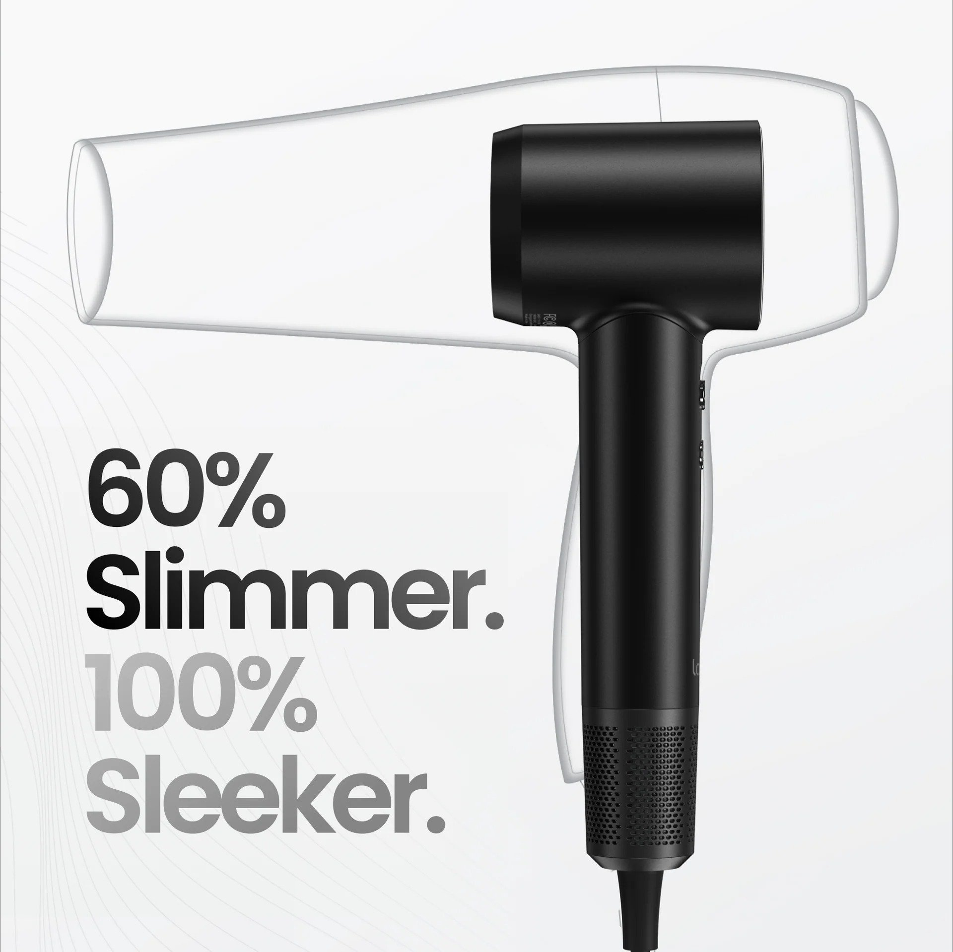 Asciugacapelli nero. Testo: 60% più sottile, 100% più elegante. Sfondo bianco.