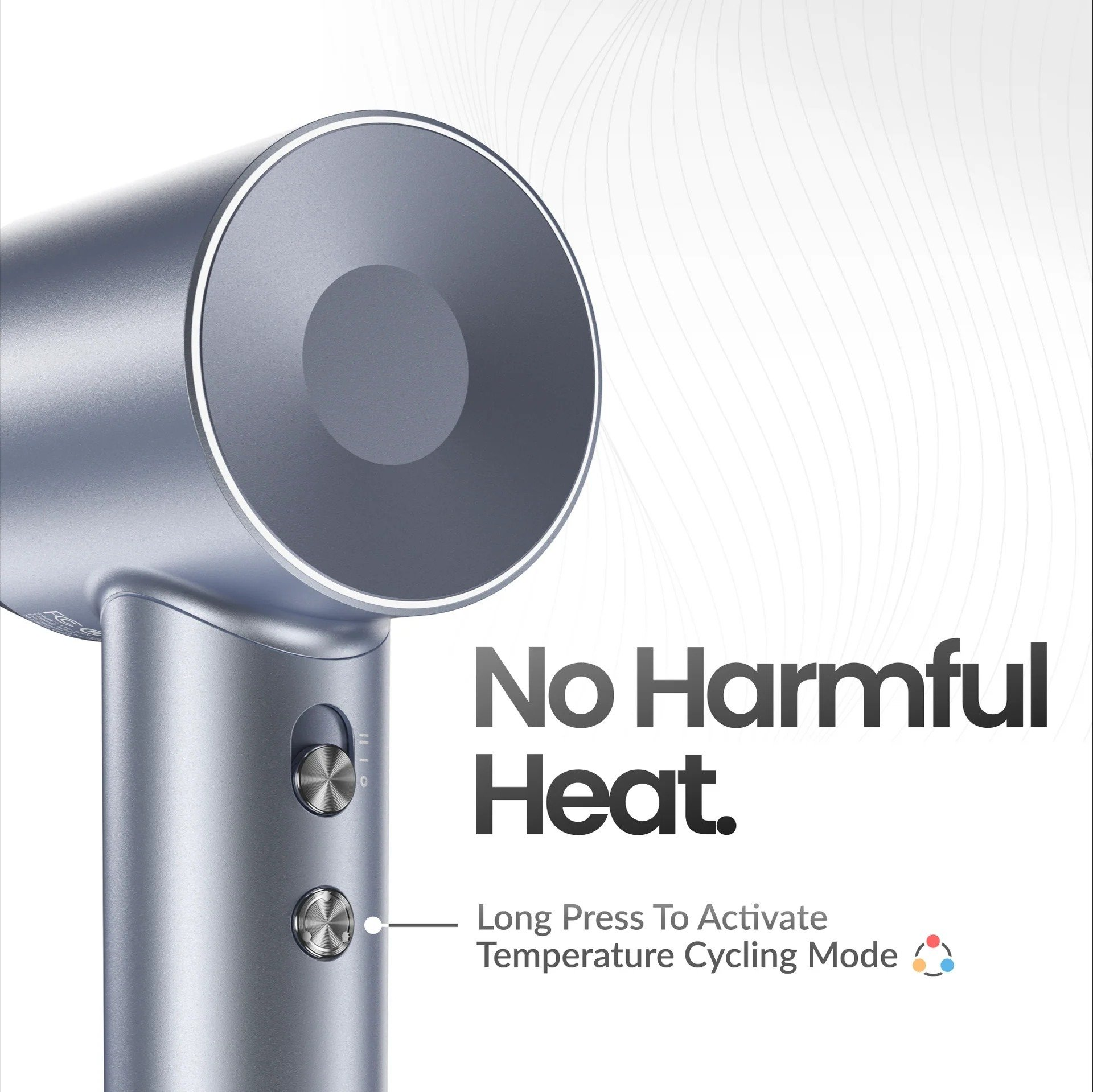 Asciugacapelli argentato con un grande ugello. Il testo 'No Harmful Heat' è a destra.