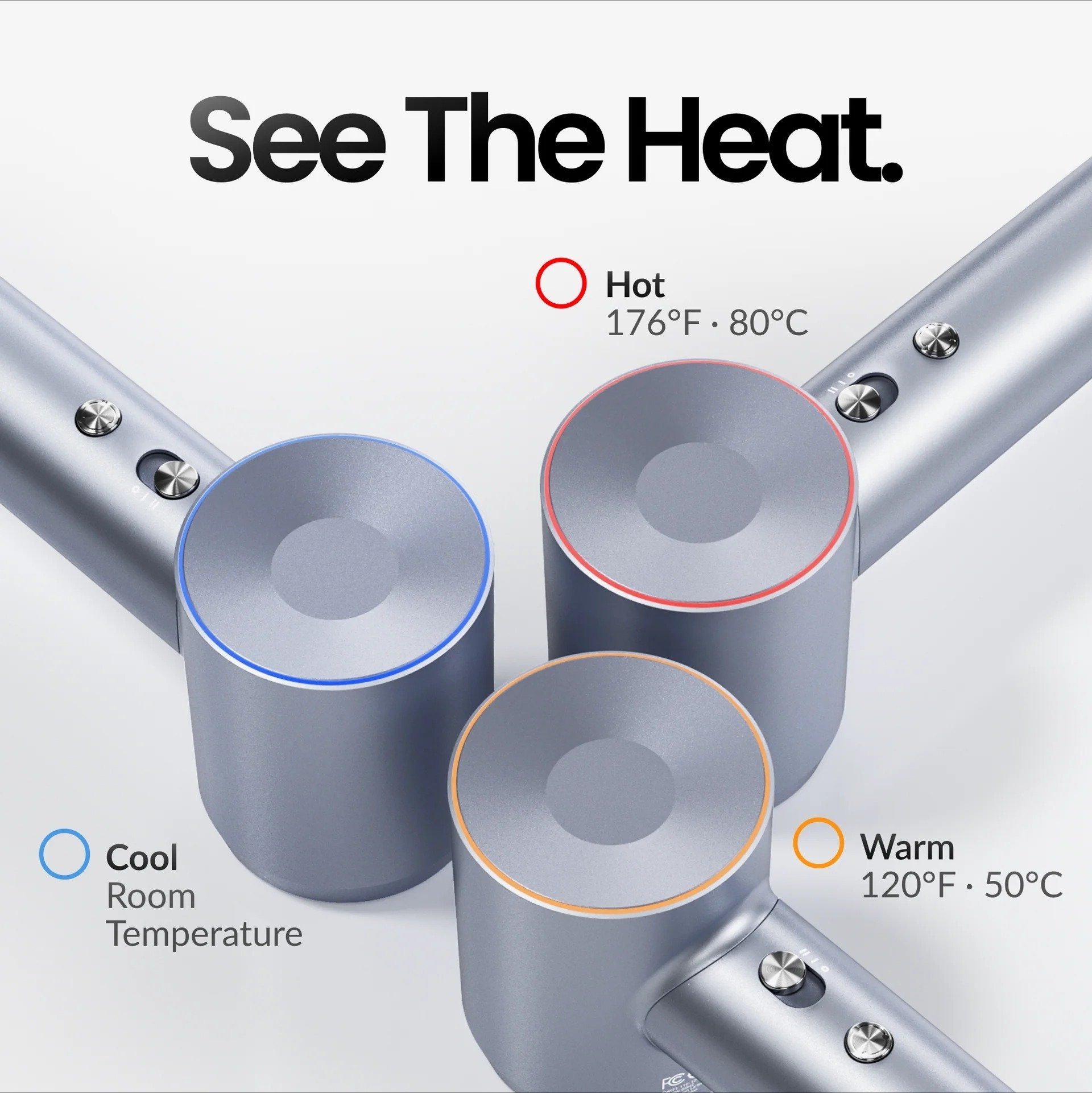 Asciugacapelli con tre indicatori di colore per diverse temperature.
