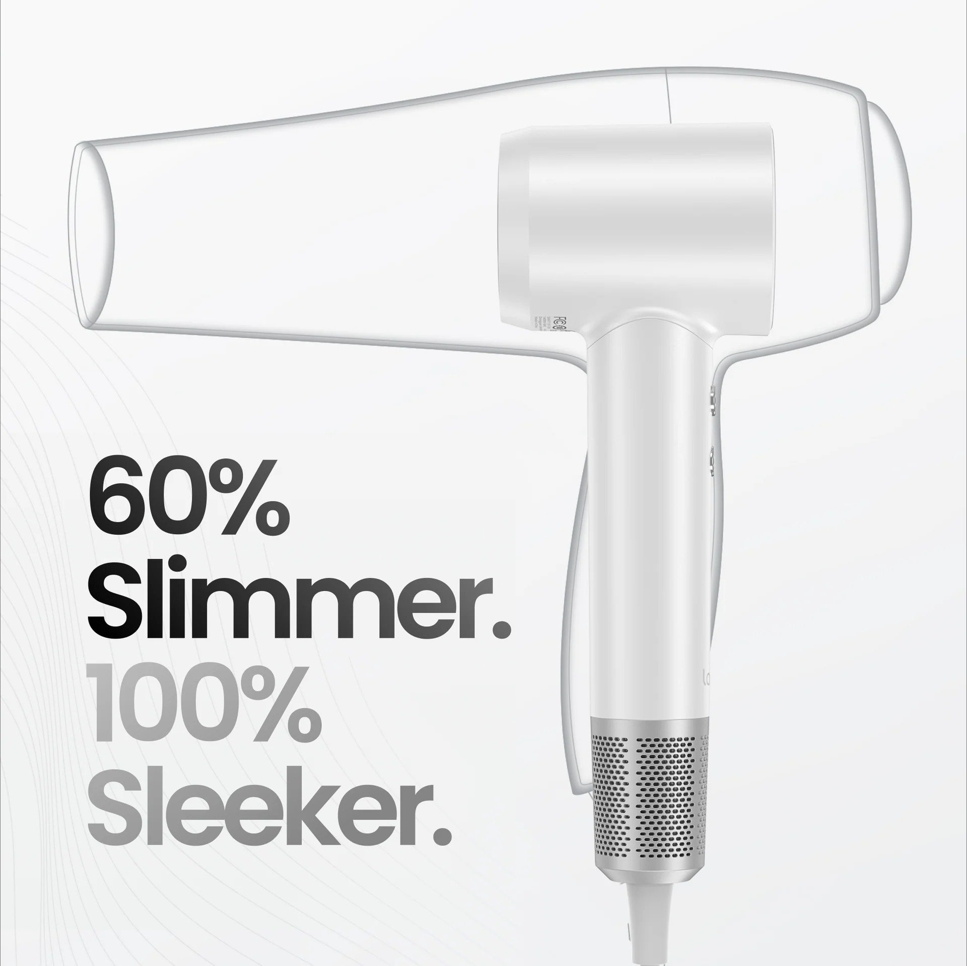Un'illustrazione di un asciugacapelli bianco. Il testo recita: 60% più sottile. 100% più elegante.