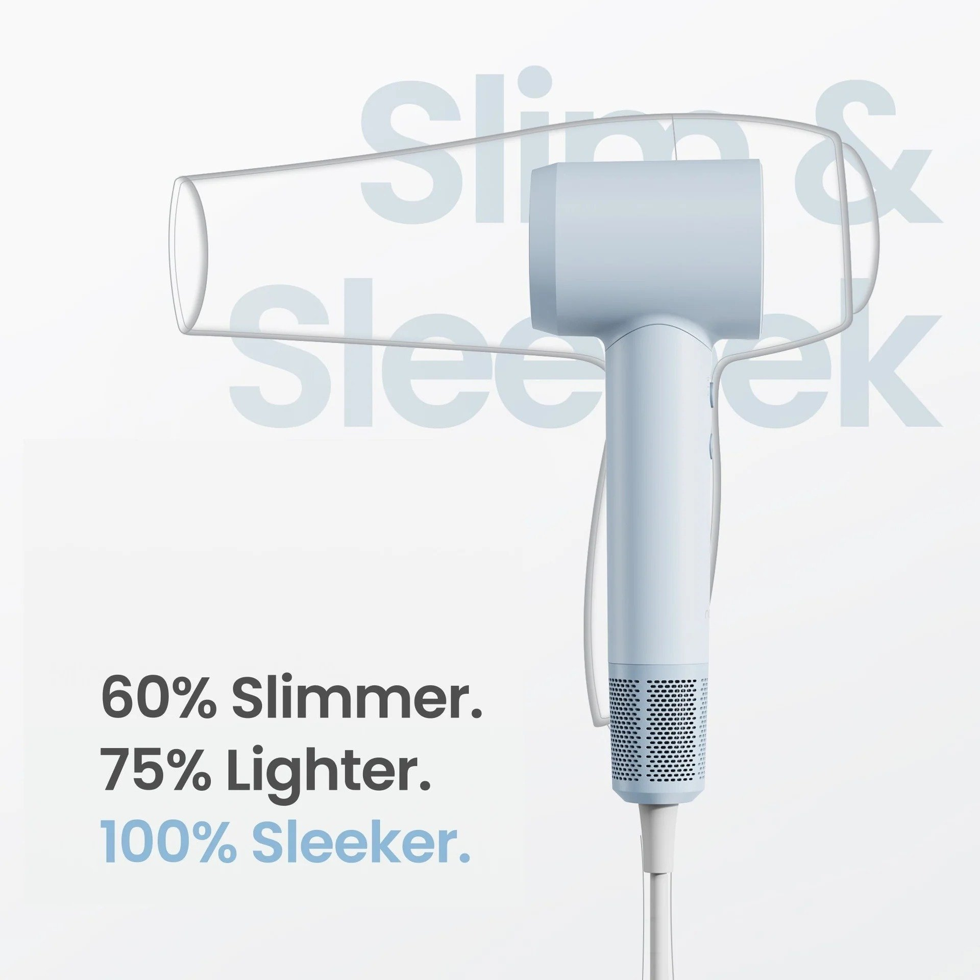 Asciugacapelli blu con sovrapposizione di testo: Slim & Sleek.