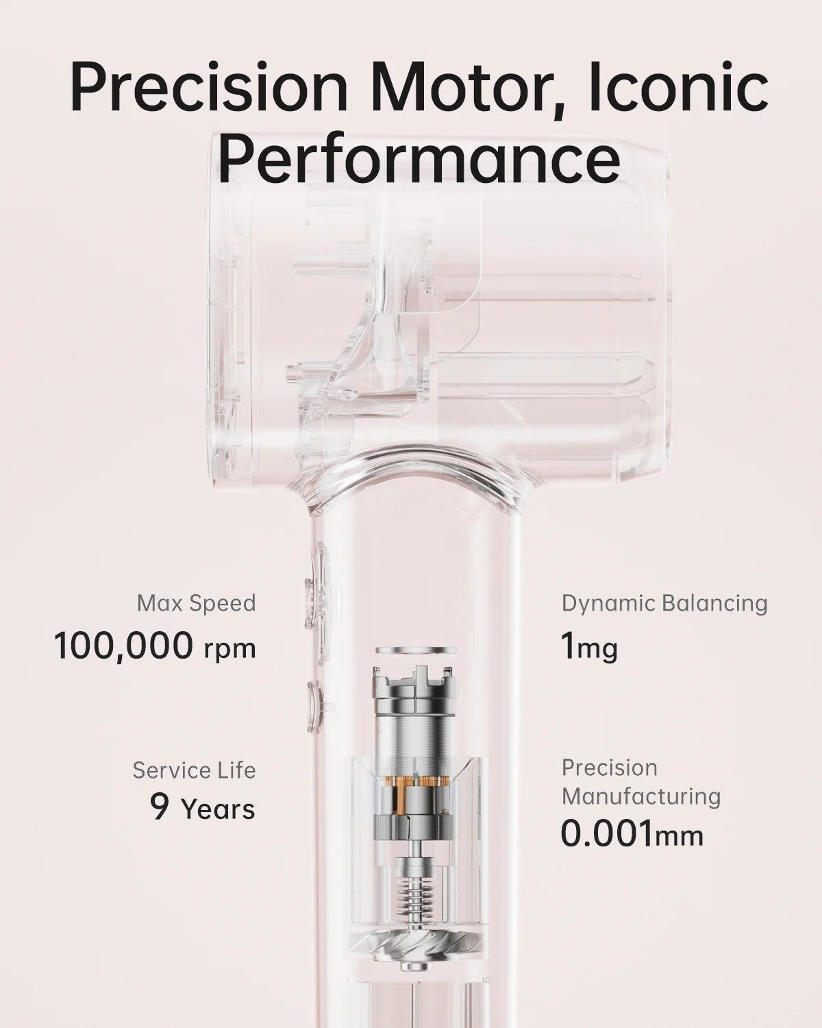 Parte trasparente del motore con testo che descrive velocità, bilanciamento e dettagli di produzione su sfondo rosa.