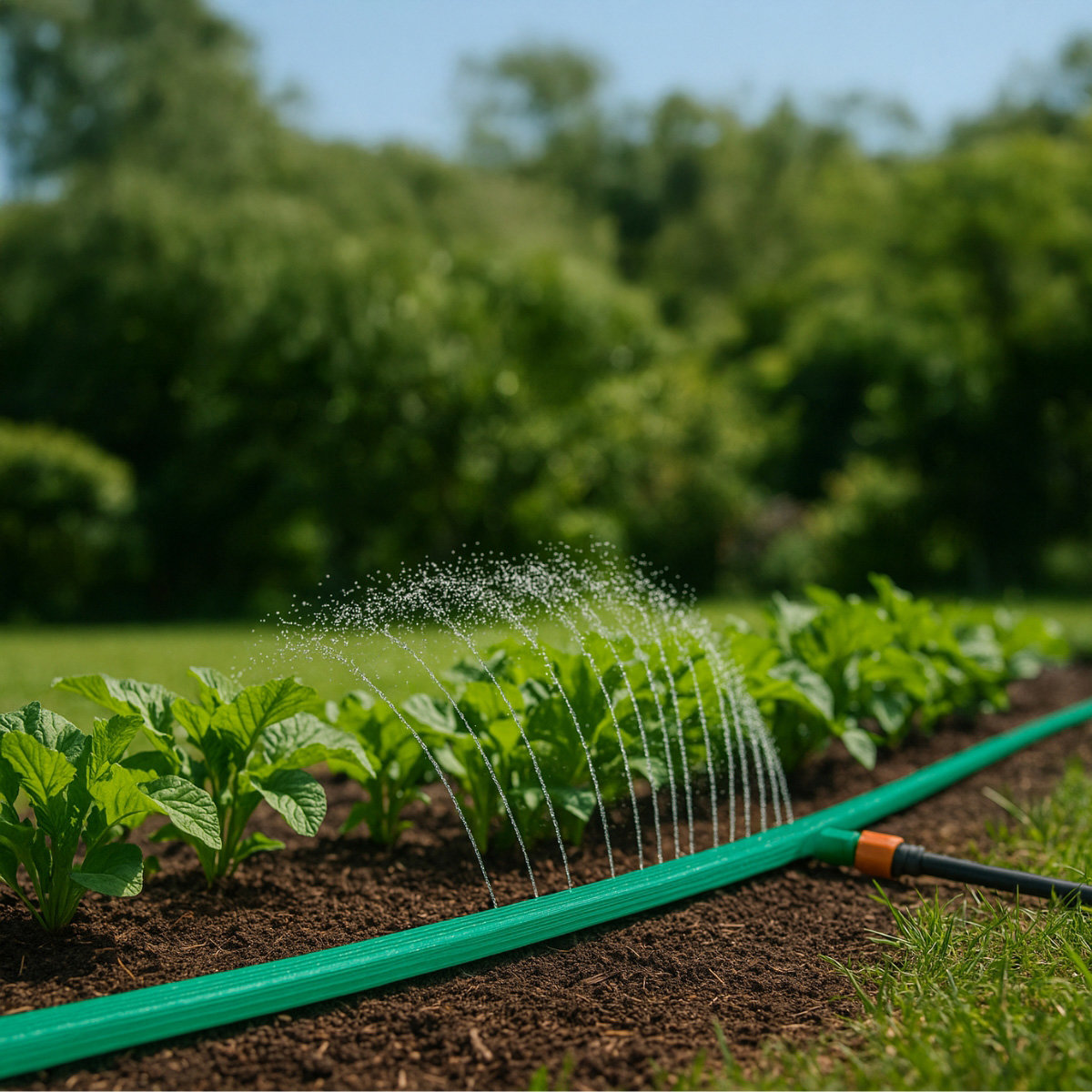 Water sproeit uit een groene slang en irrigeert rijen jonge planten.