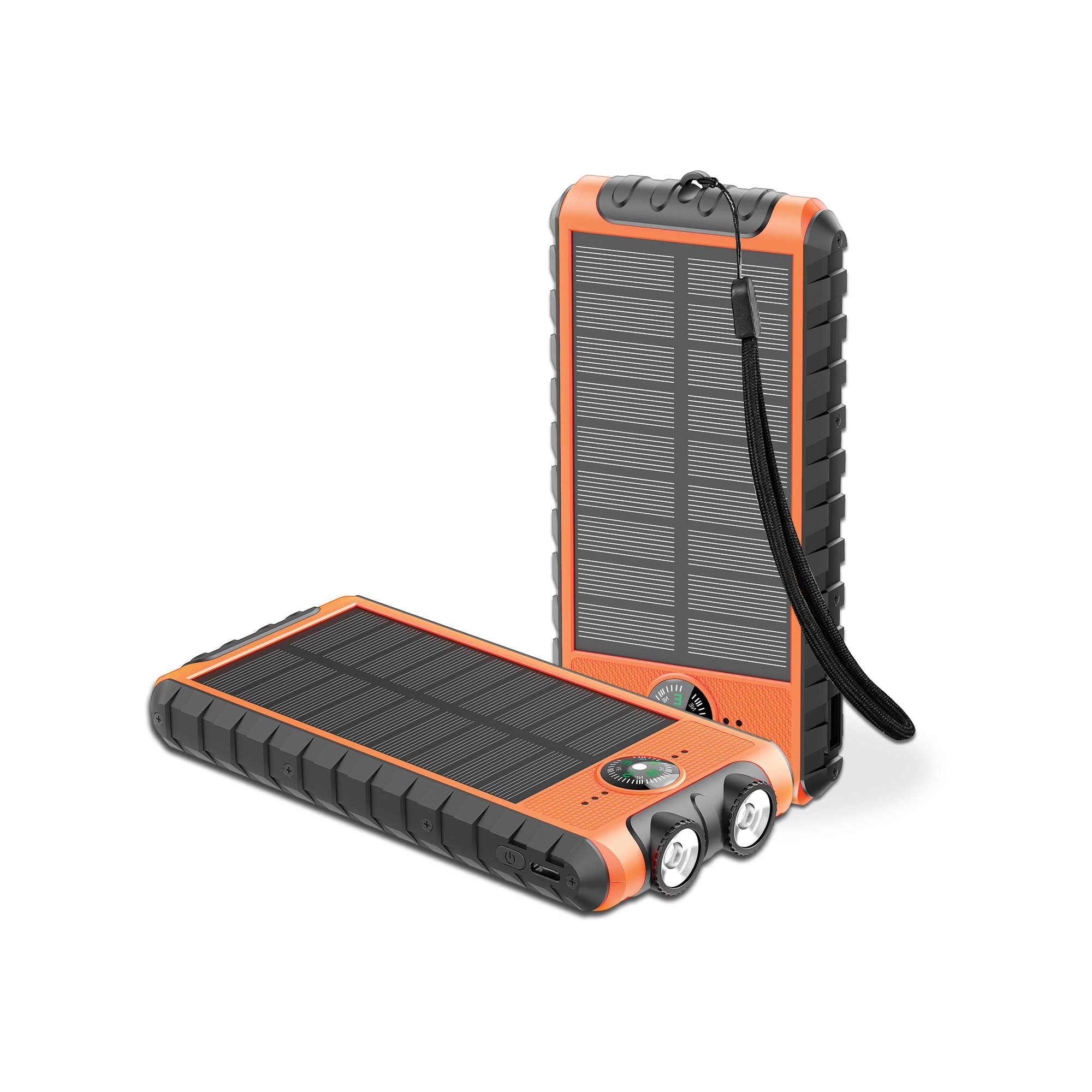 Deux batteries externes oranges avec panneaux solaires noirs. Une droite avec sangle, l'autre plate.