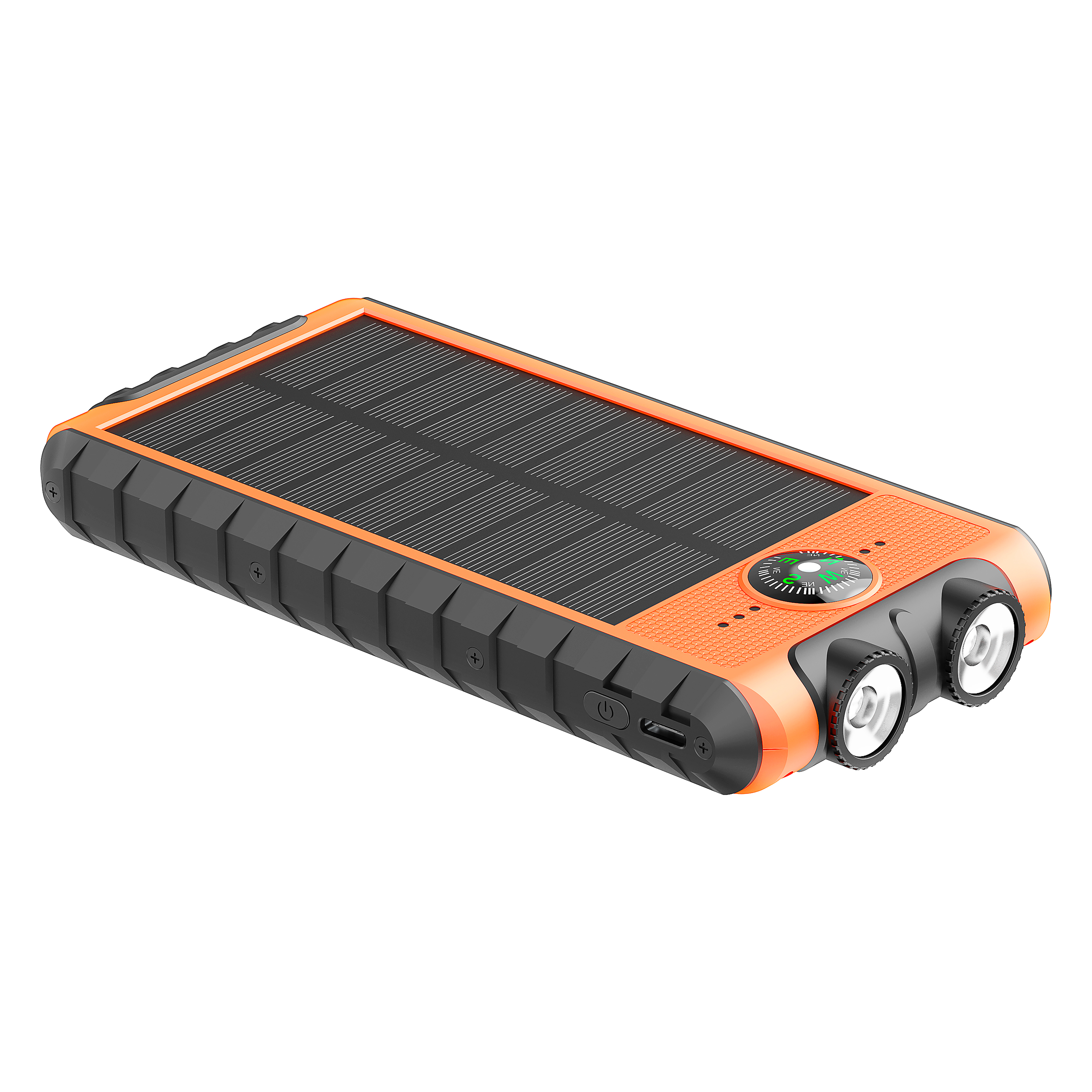 Batterie solaire orange et noire avec deux lampes de poche et une boussole.