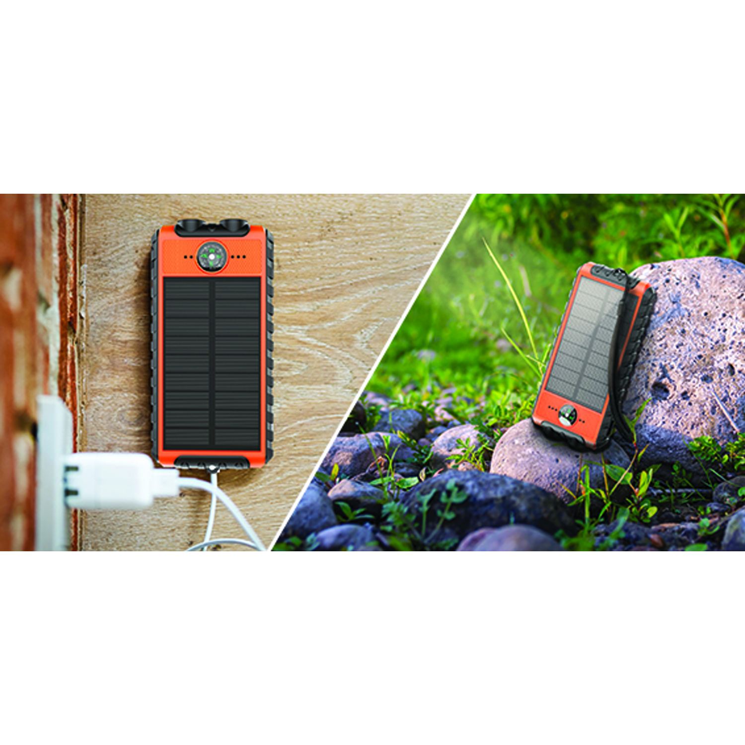 Un chargeur de panneau solaire chargeant un appareil mobile, écran partagé.