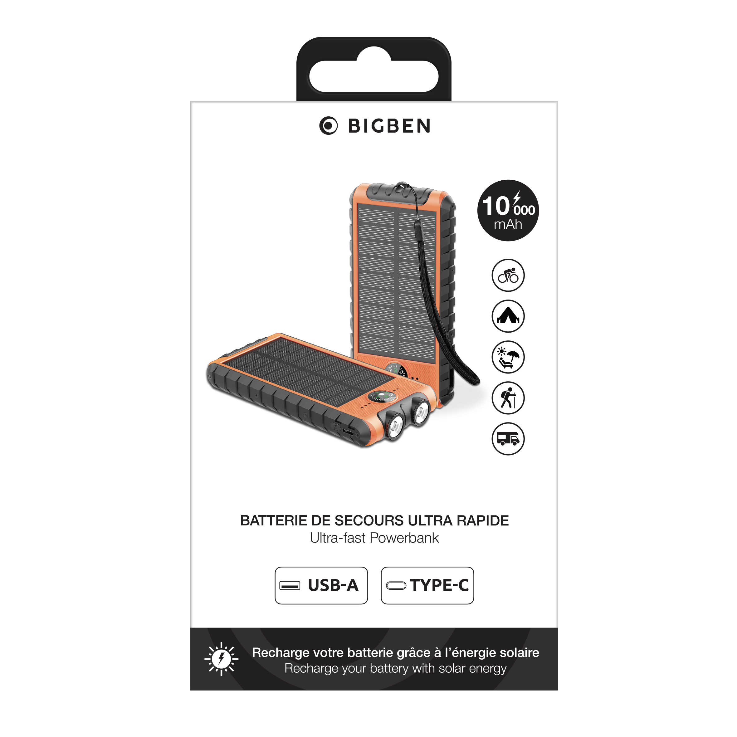 Batterie externe orange et noire avec panneau solaire. Texte: Powerbank ultra-rapide, USB-A, TYPE-C.