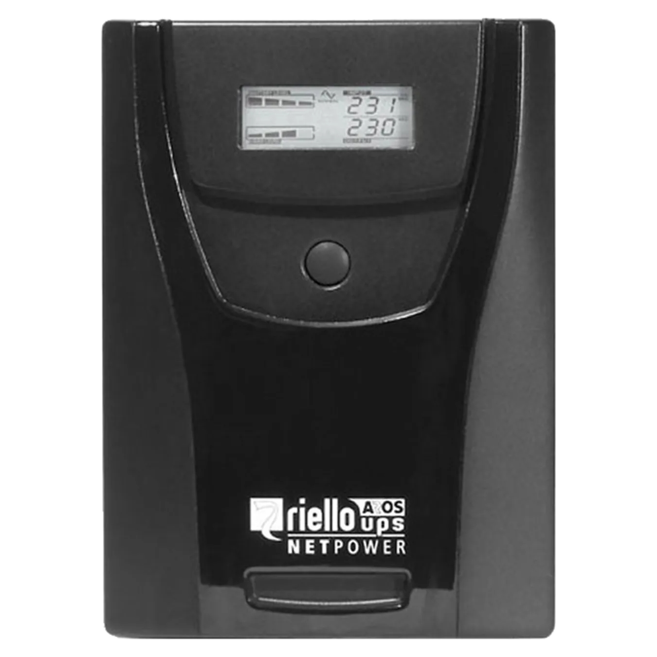 Dispositivo UPS nero con display digitale che mostra le letture di tensione.