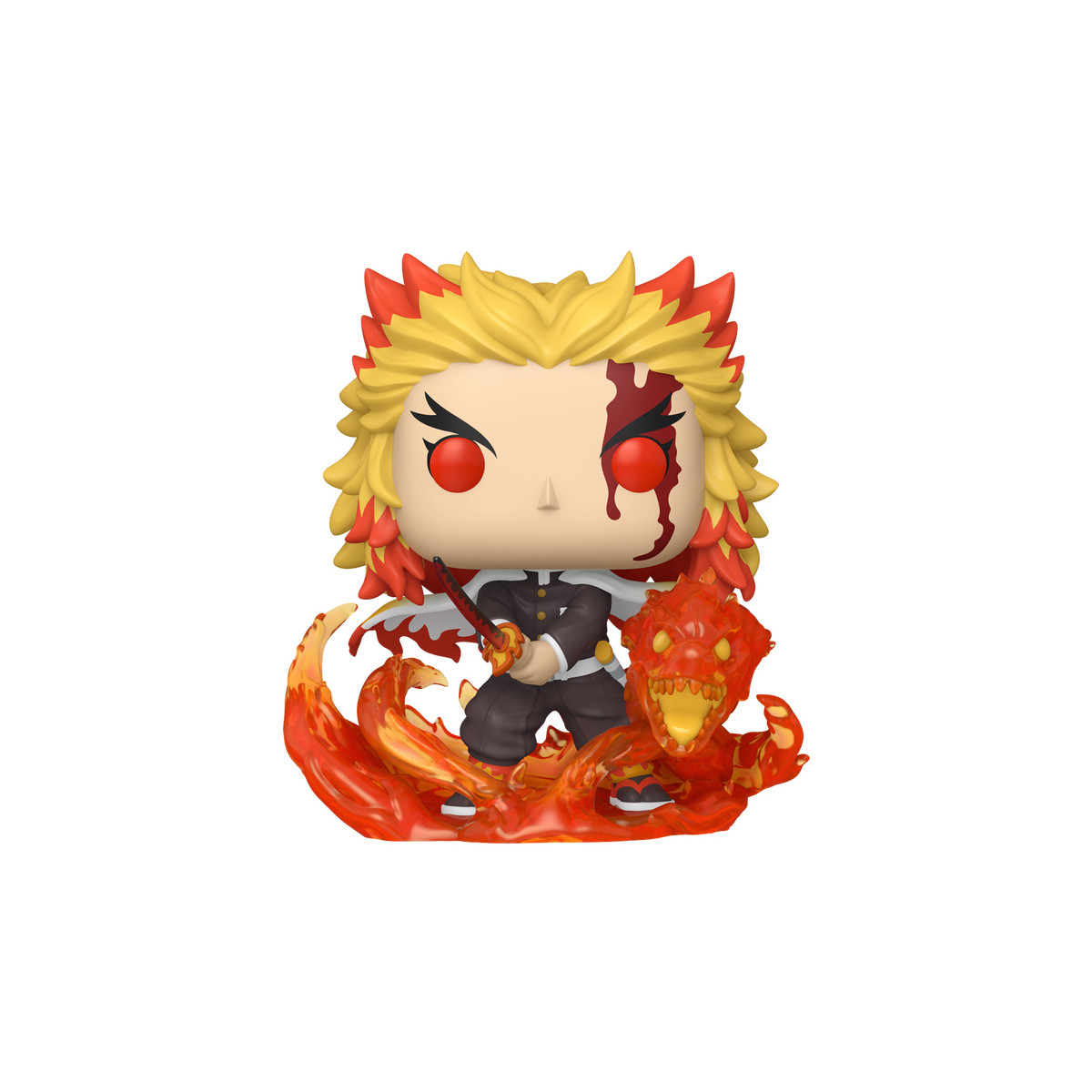 Una figura Funko Pop di un personaggio di Demon Slayer, con fiamme e dettagli infuocati.