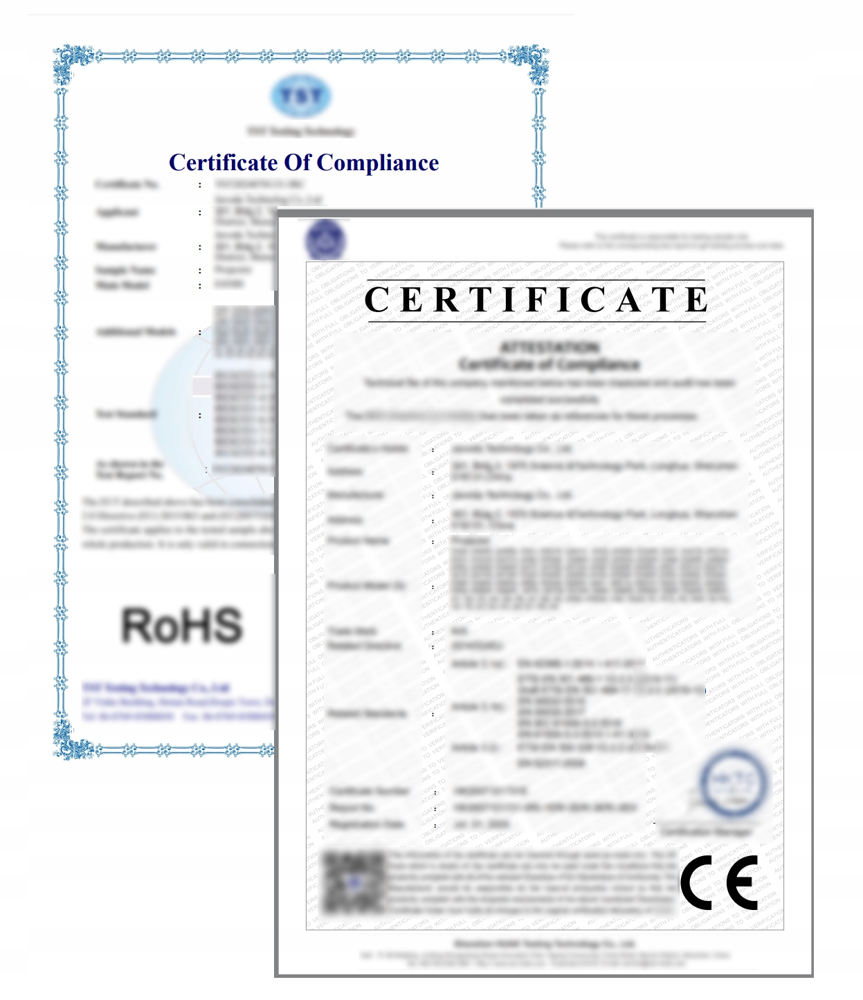 Pokazano dwa certyfikaty zgodności. Jeden mówi RoHS, a drugi CE.