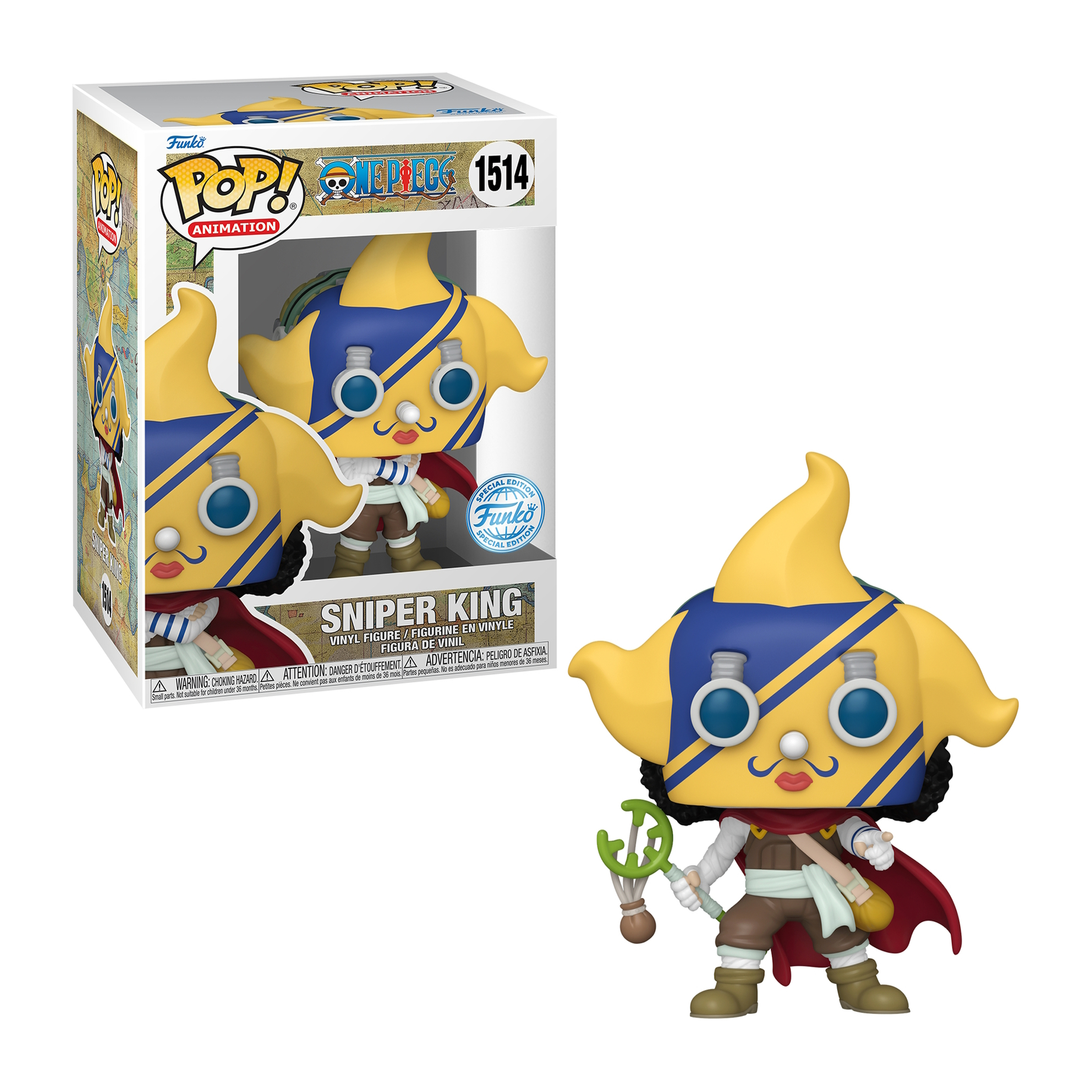 Funko Pop Figur von Usopp aus One Piece in einer Box, mit Figur draußen.