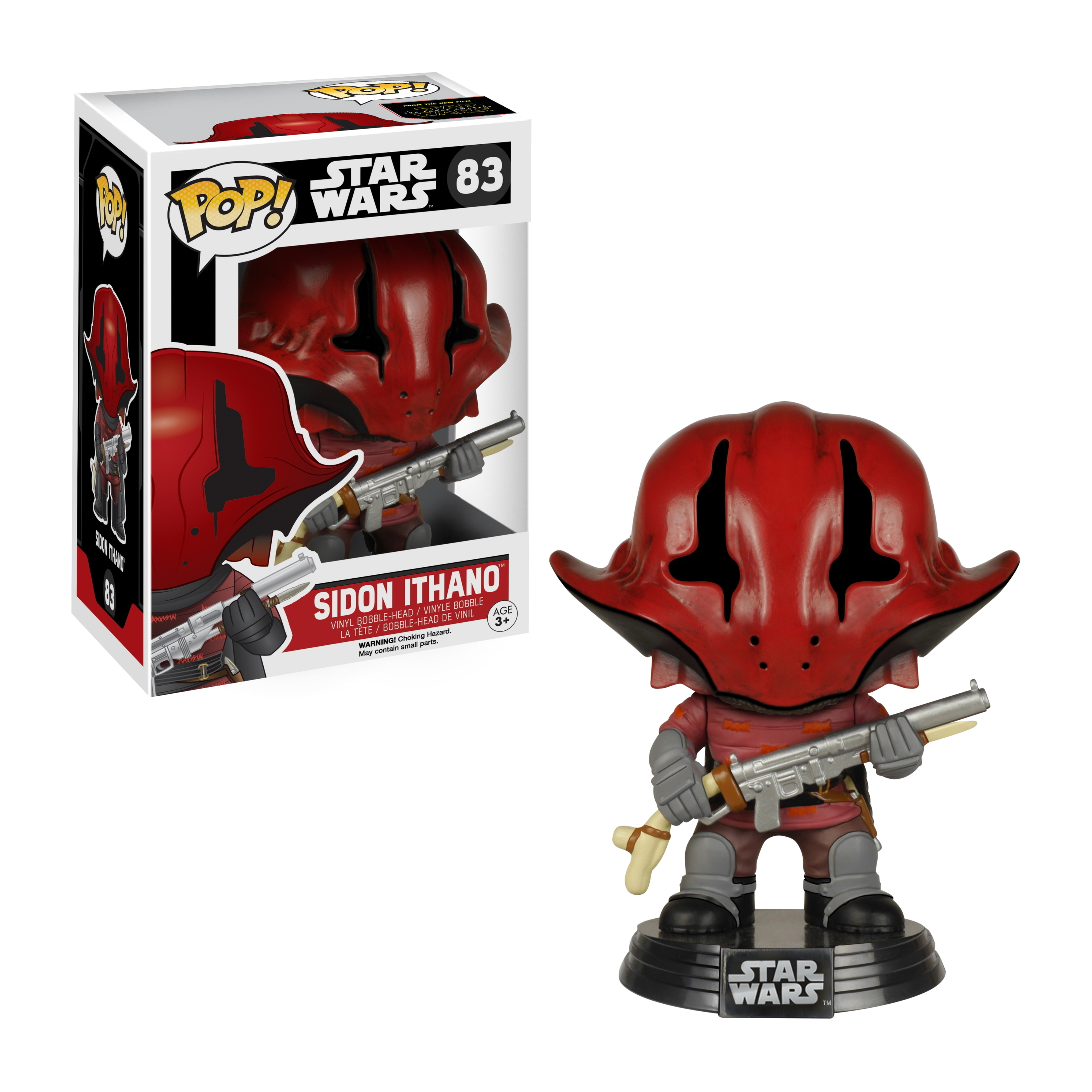 Sidon Ithano Funko Pop Figur. Er trägt einen roten Helm, hält einen Blaster und steht auf einem Ständer.