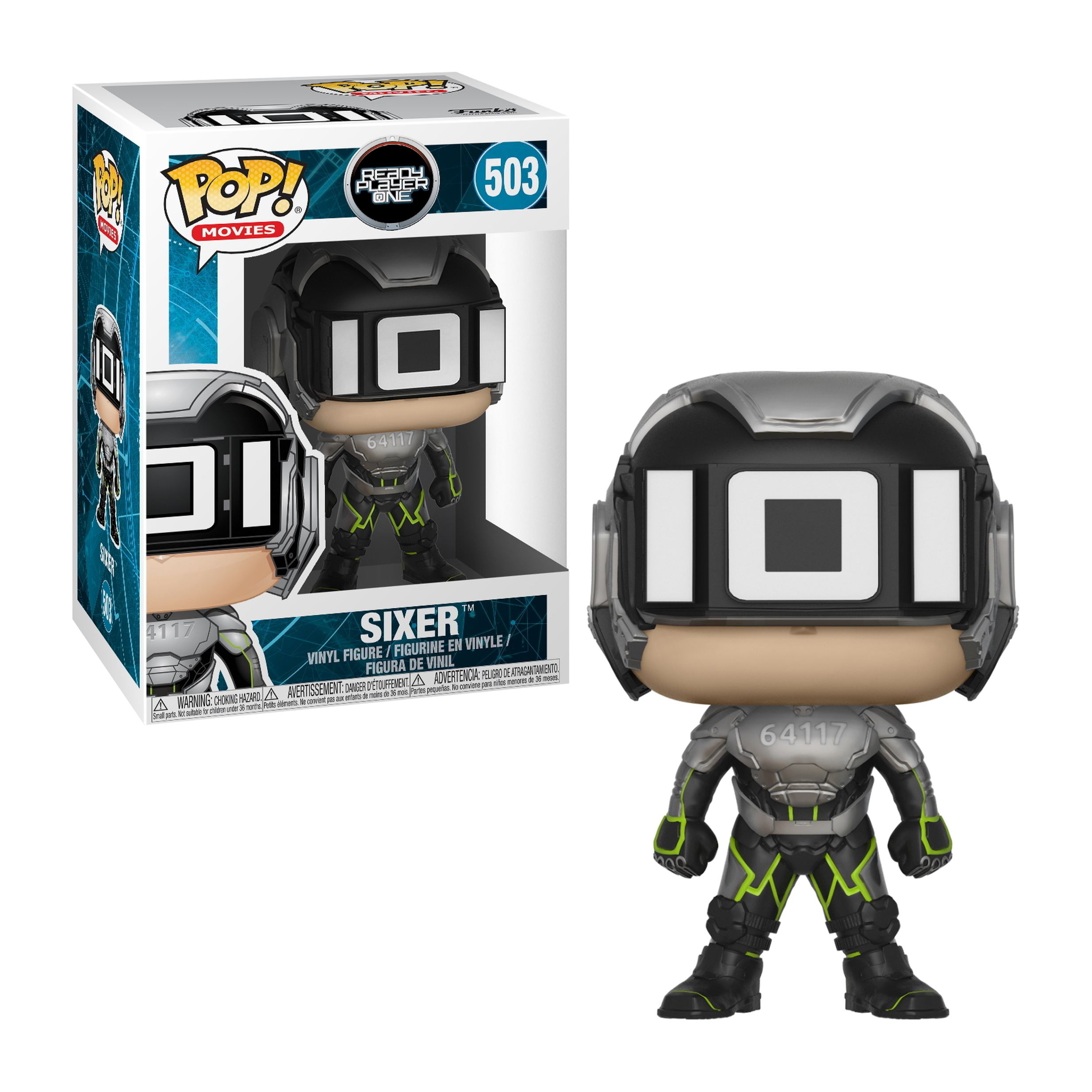 Figura di Sixer da Ready Player One, con tuta nera e grigia, 'IOI' sulla visiera.