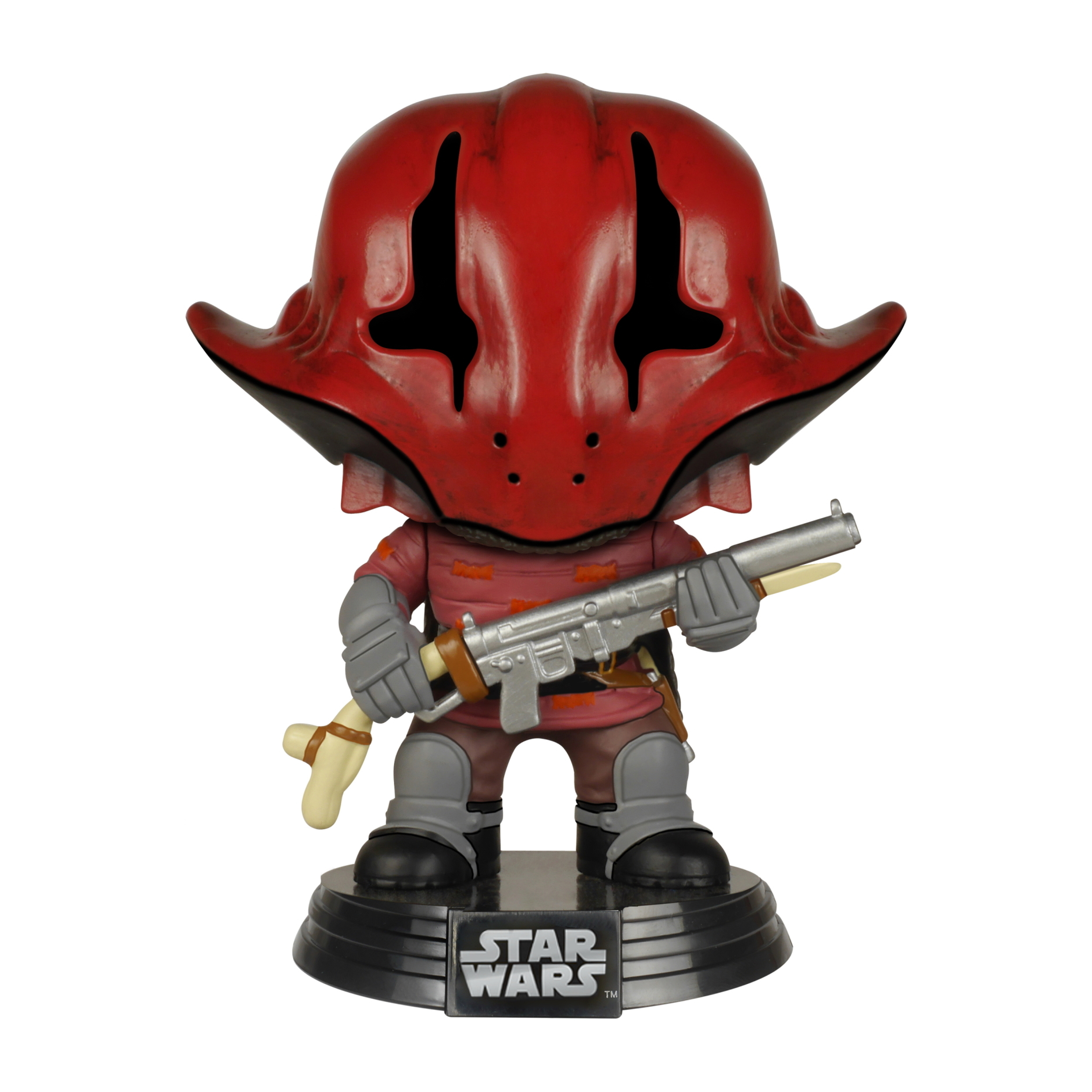 Eine rot-behelmte Star Wars Funko Pop Figur, die ein Blastergewehr und einen Knochen hält.