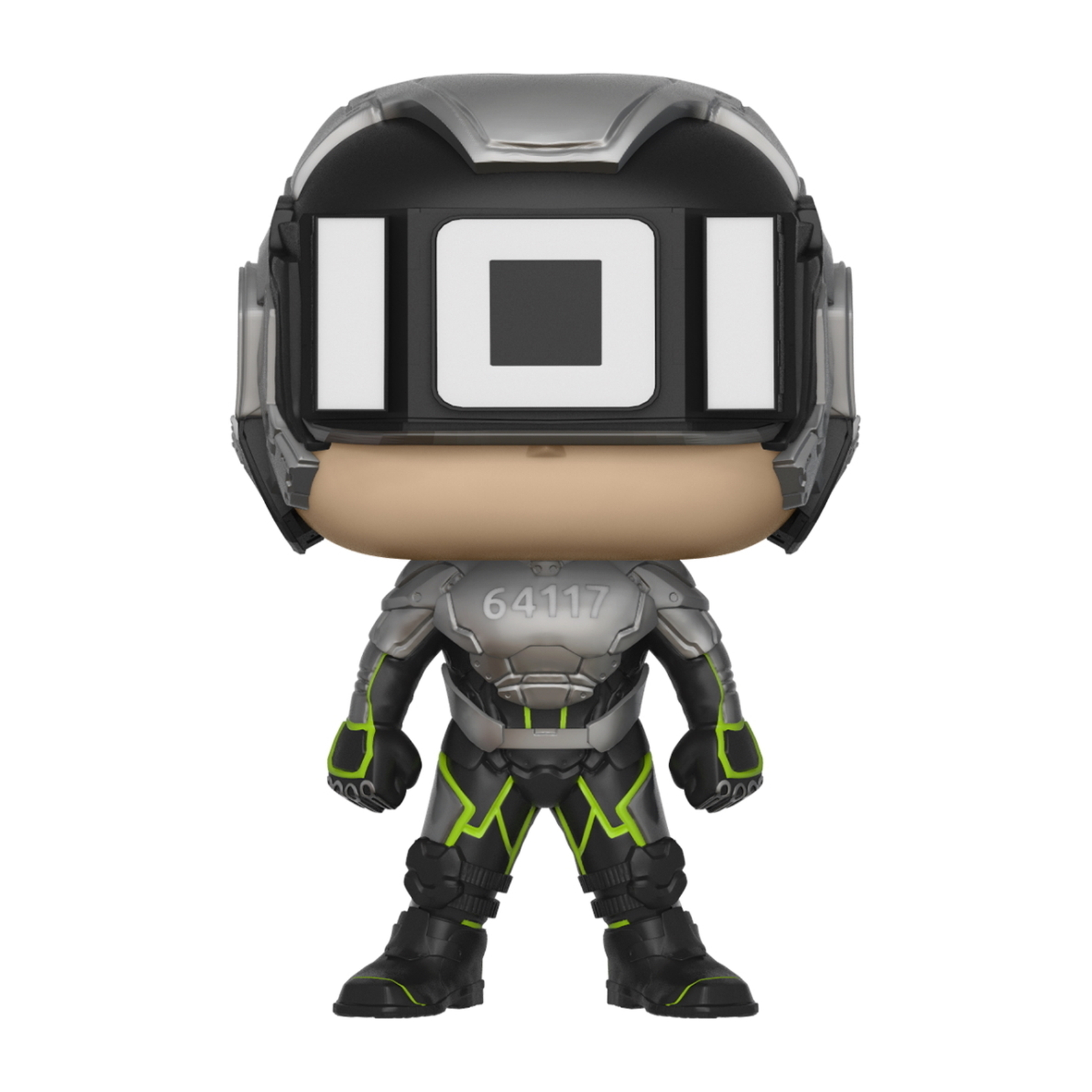 Una figura Funko Pop di un personaggio in tuta futuristica argento e nera con elmetto.