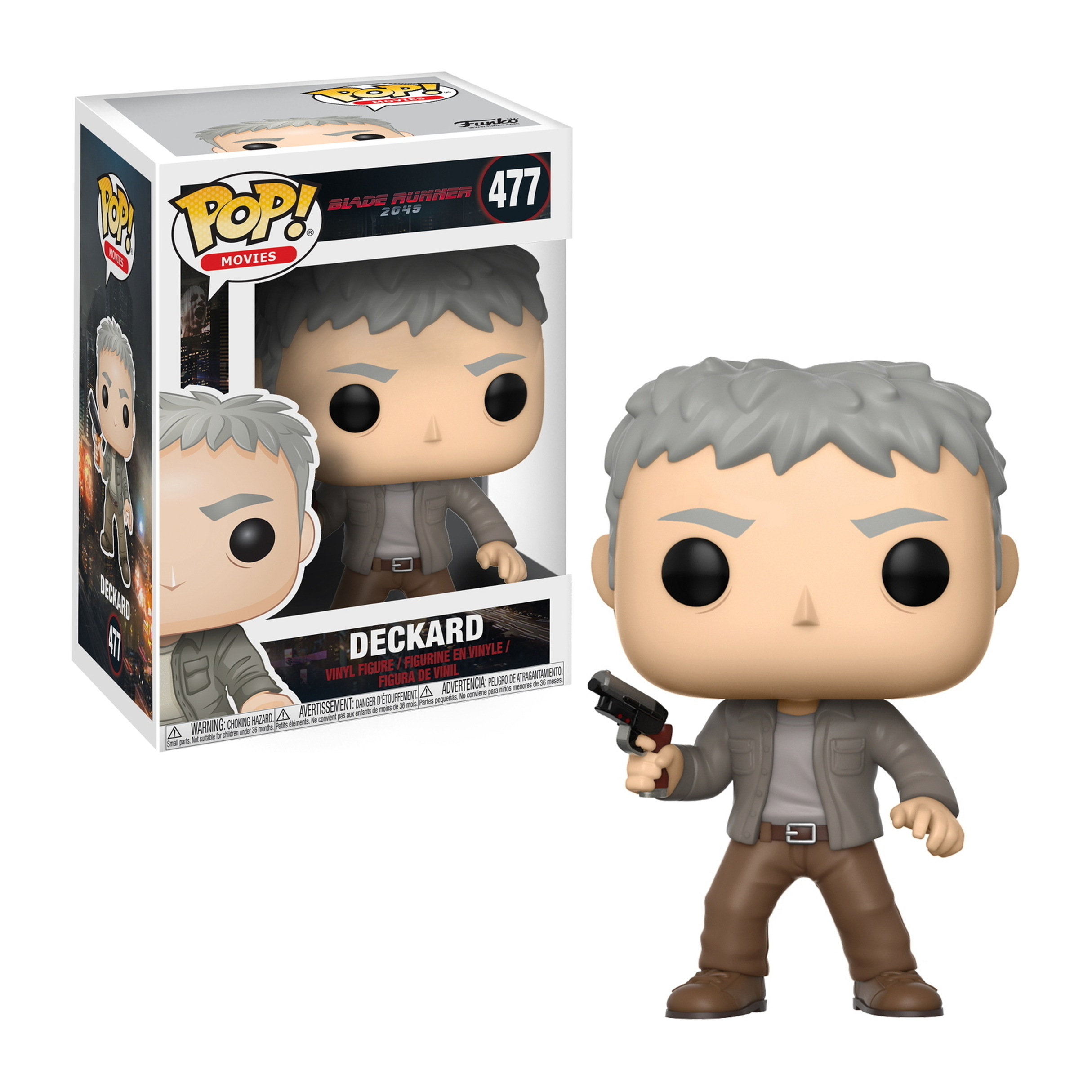 Eine Deckard Funko Pop Figur, die eine Pistole hält. Er hat graue Haare und trägt eine braune Jacke.