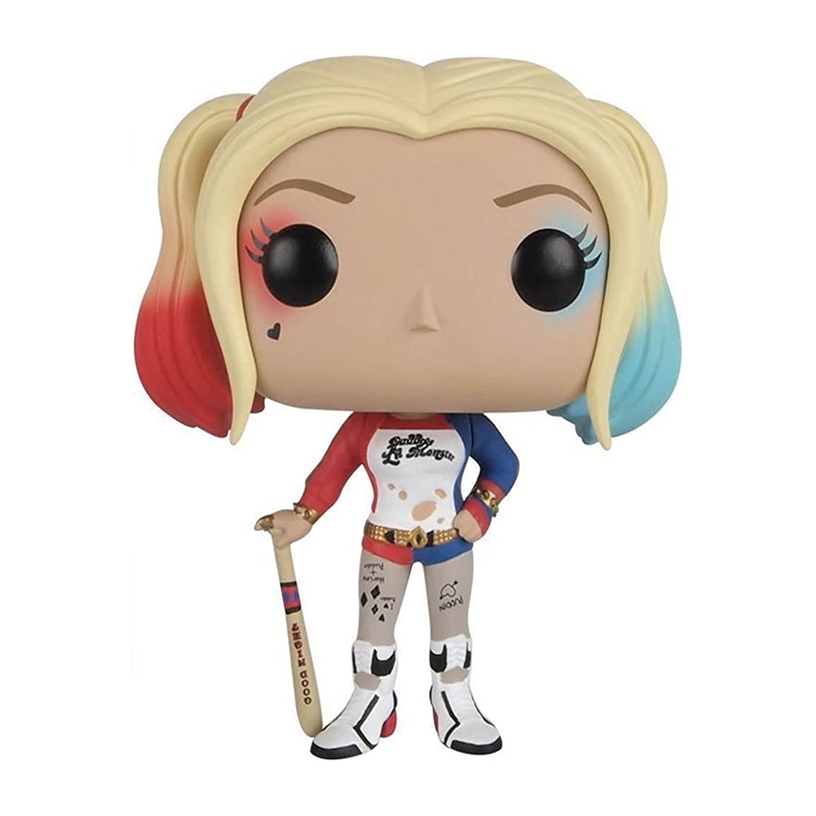 Harley Quinn Figur mit blonden Zöpfen, hält einen Schläger, in einem rot-weiß-blauen Outfit.