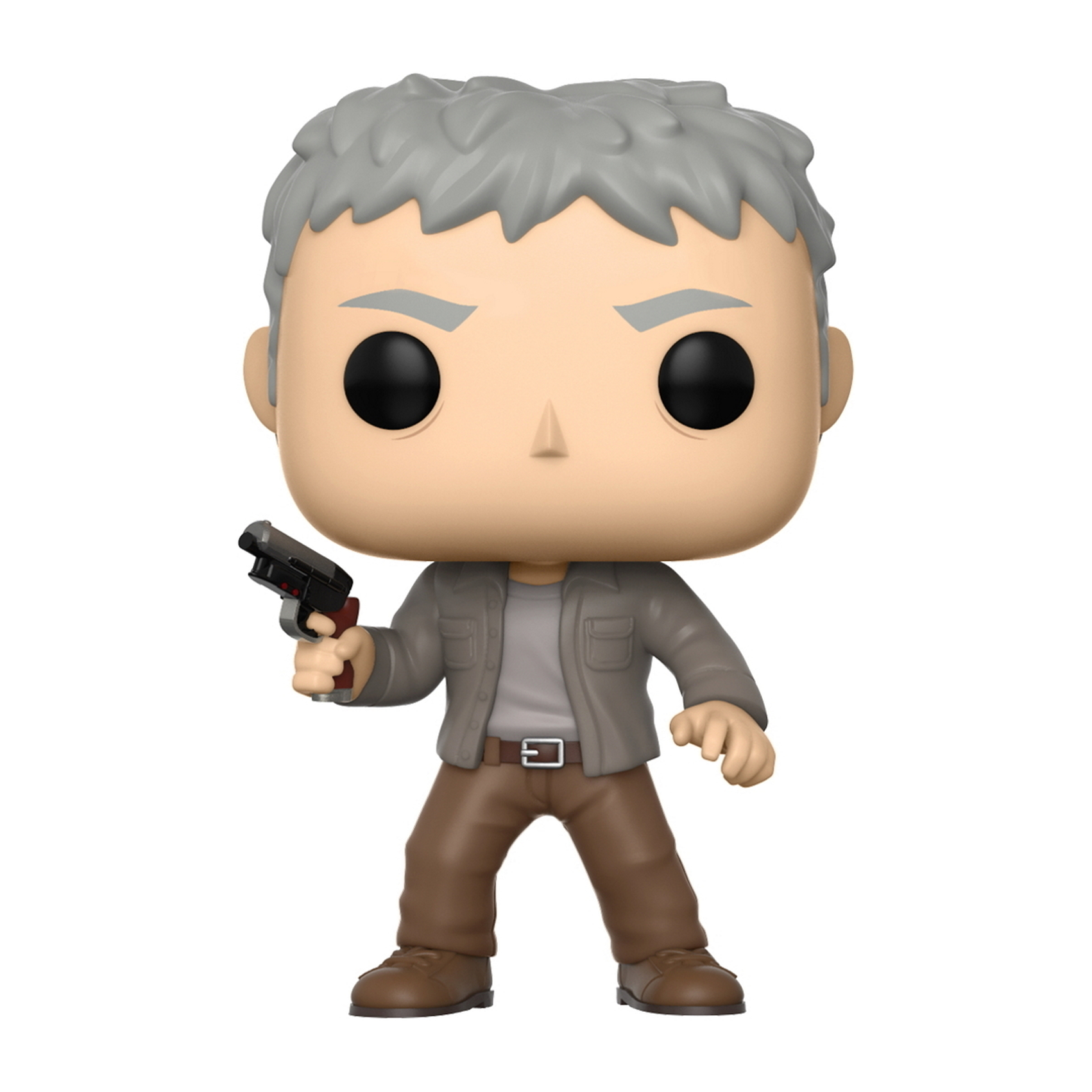 Eine Funko Pop Figur eines Mannes mit grauem Haar, der eine Pistole hält. Er trägt eine braune Jacke.