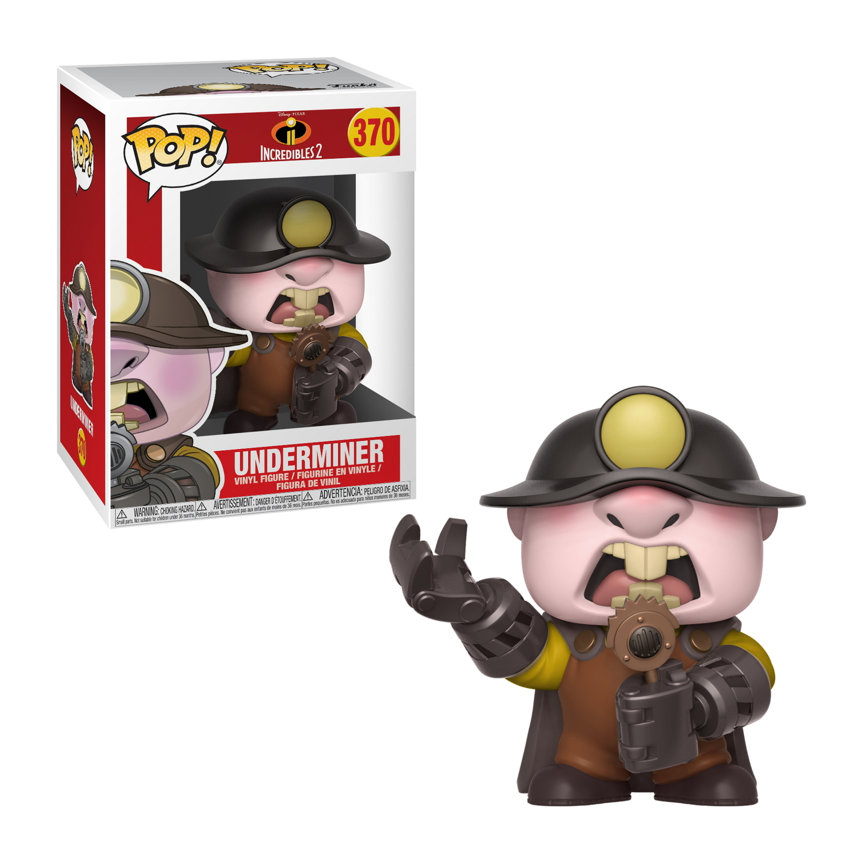 Underminer-Figur aus Die Unglaublichen 2, trägt einen Helm, hält ein Werkzeug und eine Box.