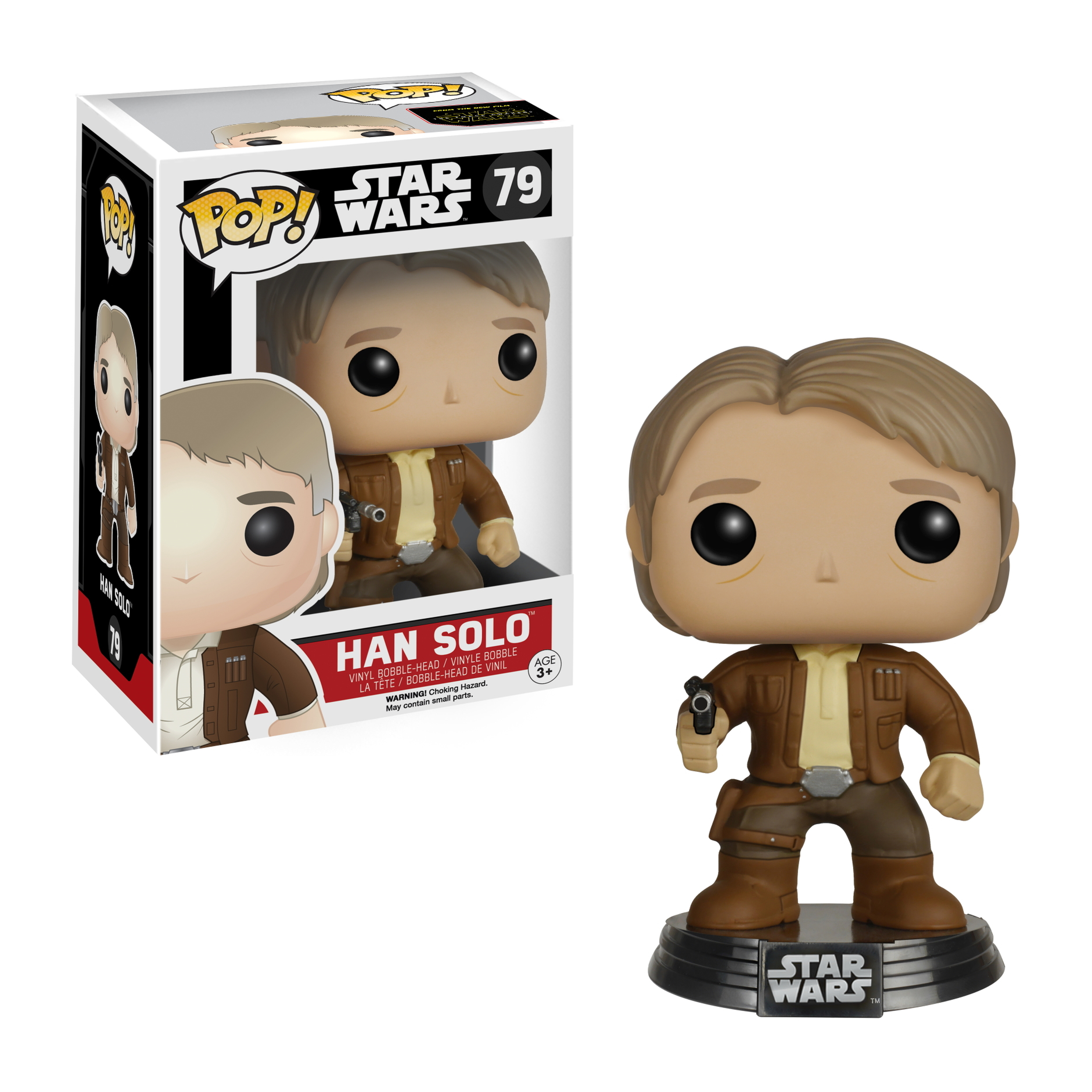 Han Solo Figur mit einer Waffe, trägt eine braune Jacke und Hose, Star Wars Logo auf der Basis.