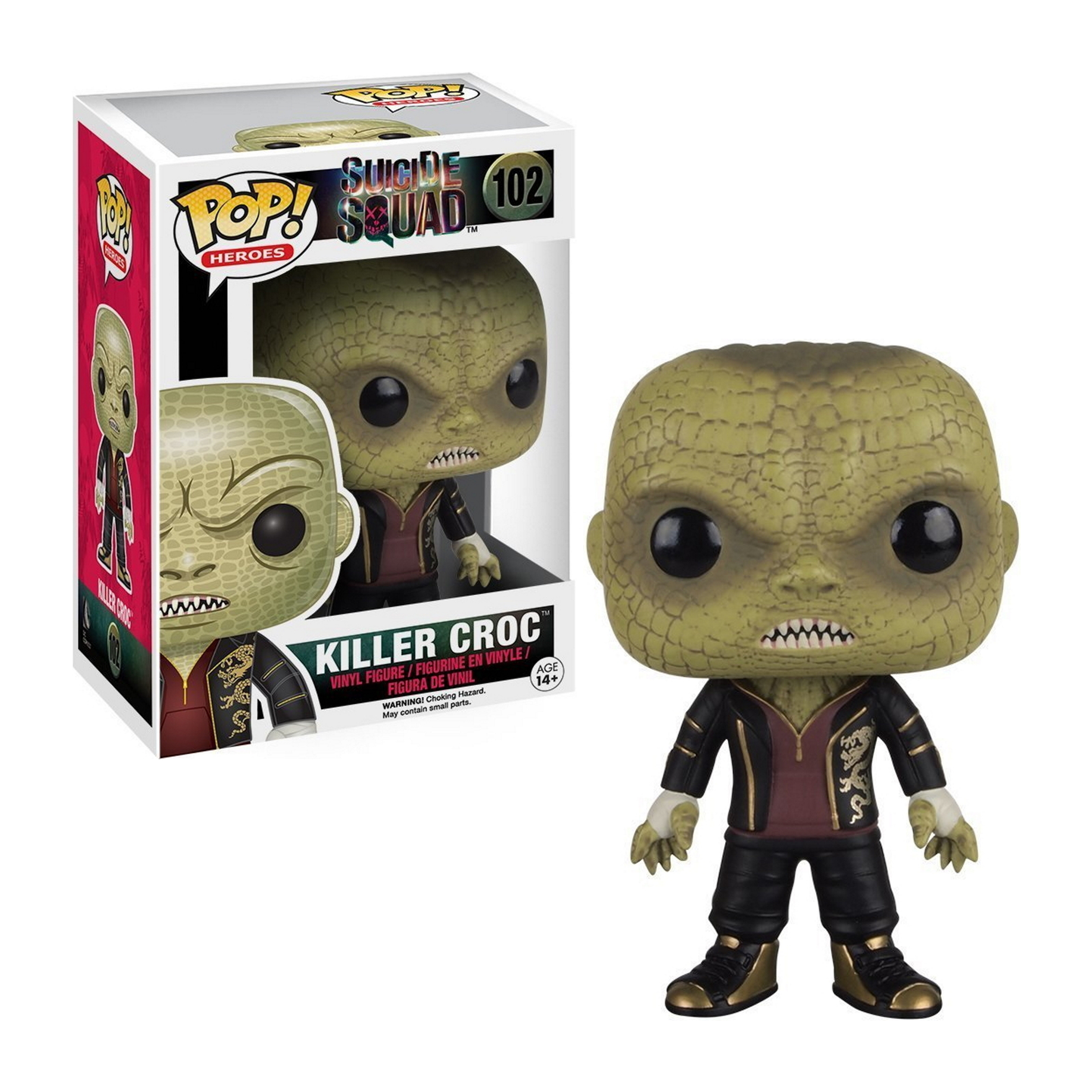 Killer Croc Funko Pop Figur. Grünhäutig, schwarz-rote Jacke. Verpackt, Suicide Squad.