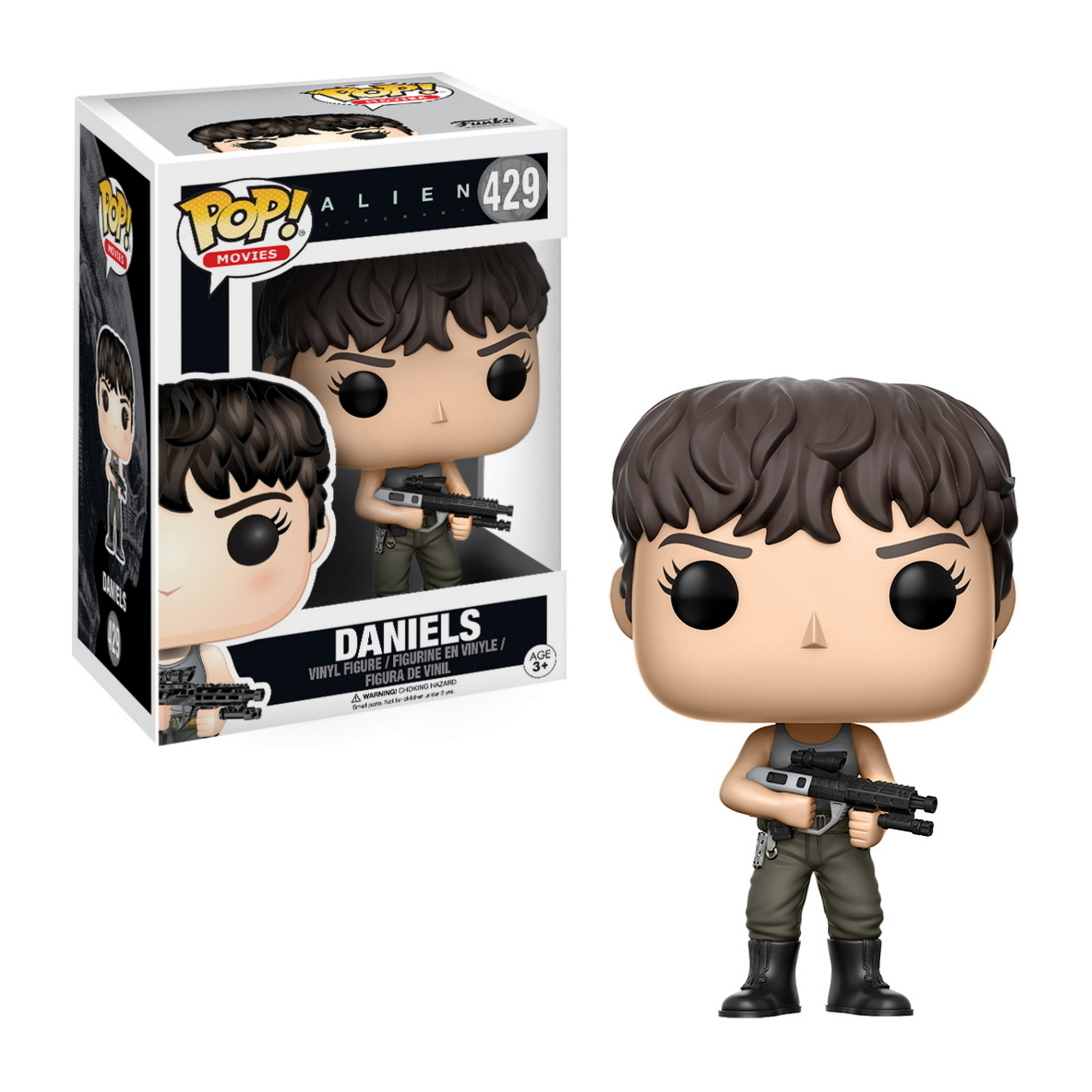 Funko Pop Figur von Daniels aus Alien, hält eine Waffe.  Box im Hintergrund.