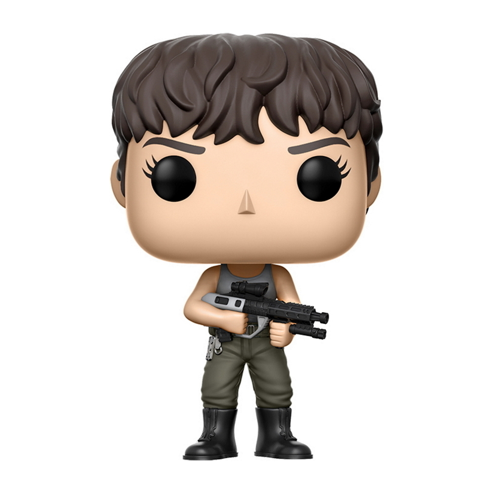 Funko Pop Figur einer Frau mit Waffe, Tanktop und grüner Hose.