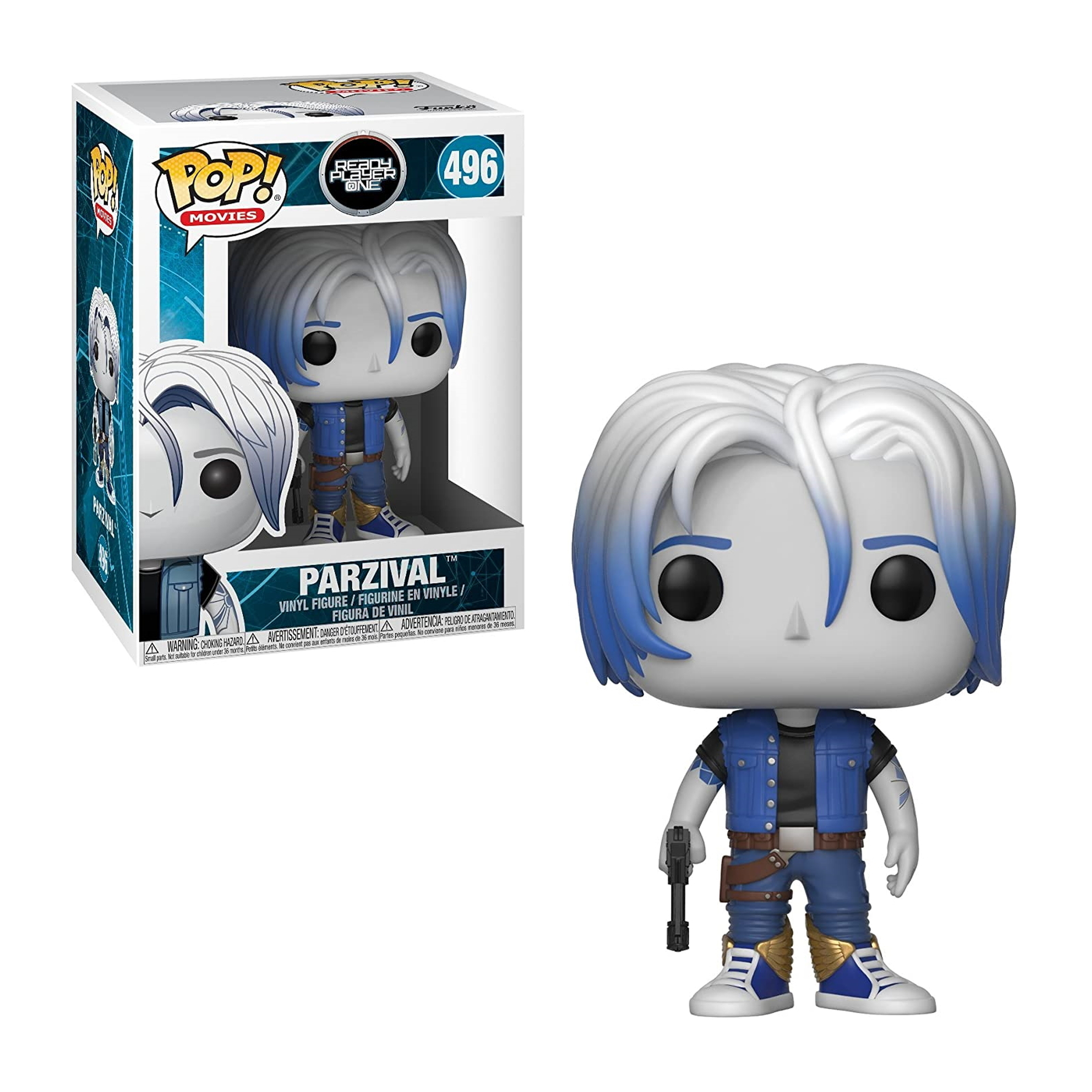 Funko Pop Figur von Parzival aus Ready Player One, hält eine Waffe. Box im Hintergrund.
