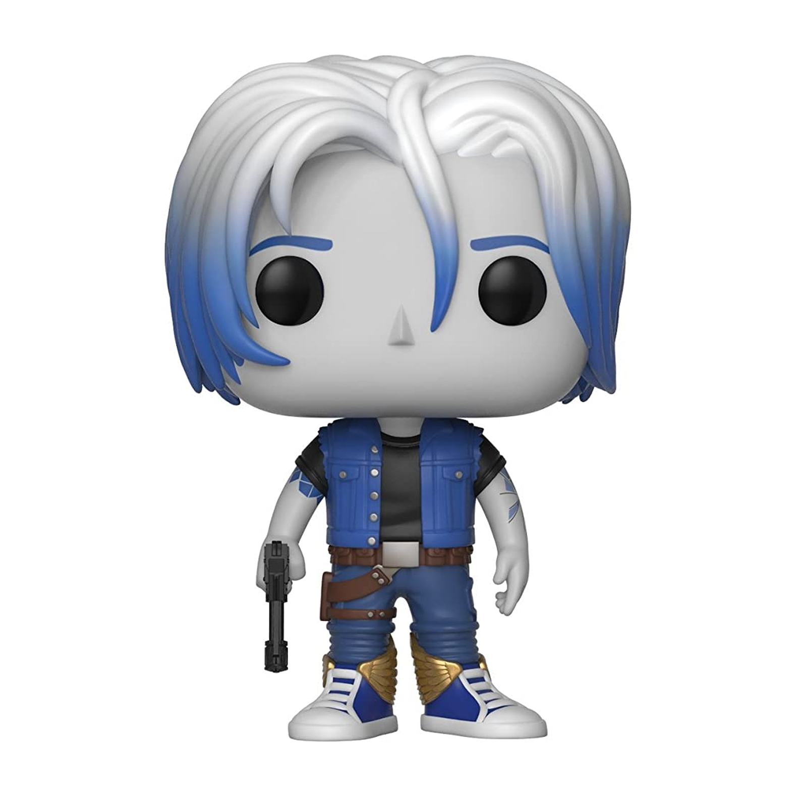 Funko Pop Figur eines Mannes mit weiß-blauen Haaren und einer Pistole.
